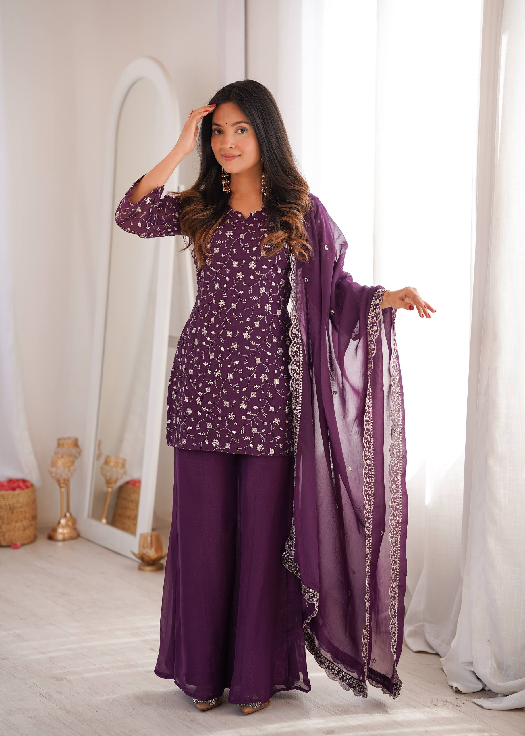 Premium Crunchy Silk Embroidered Kurta with Bell Bottom Pant & Dupatta Set