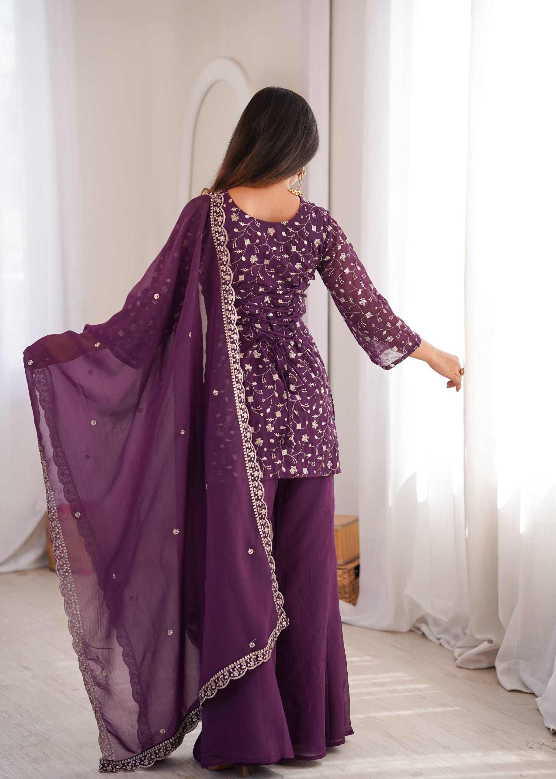 Premium Crunchy Silk Embroidered Kurta with Bell Bottom Pant & Dupatta Set