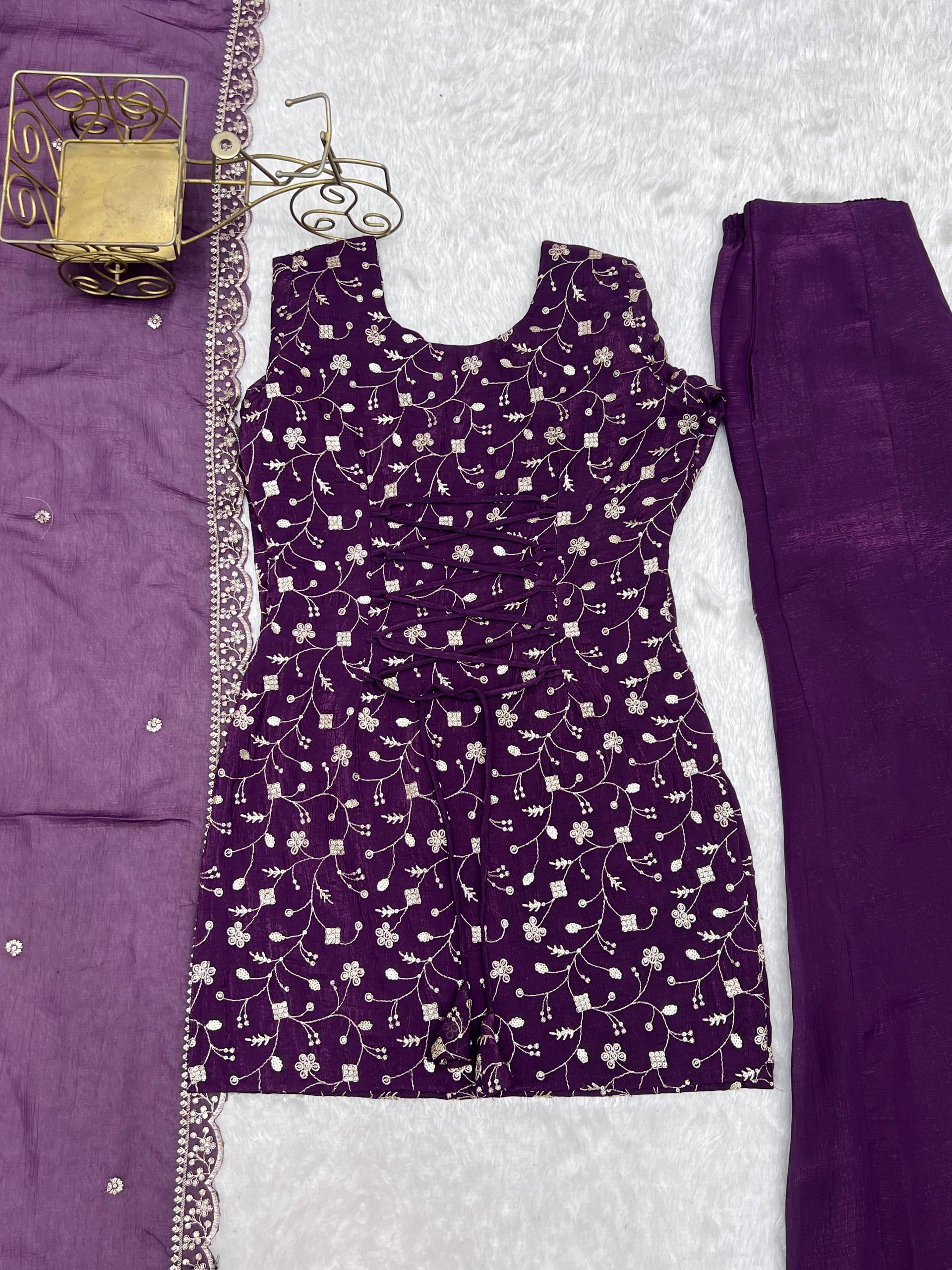 Premium Crunchy Silk Embroidered Kurta with Bell Bottom Pant & Dupatta Set
