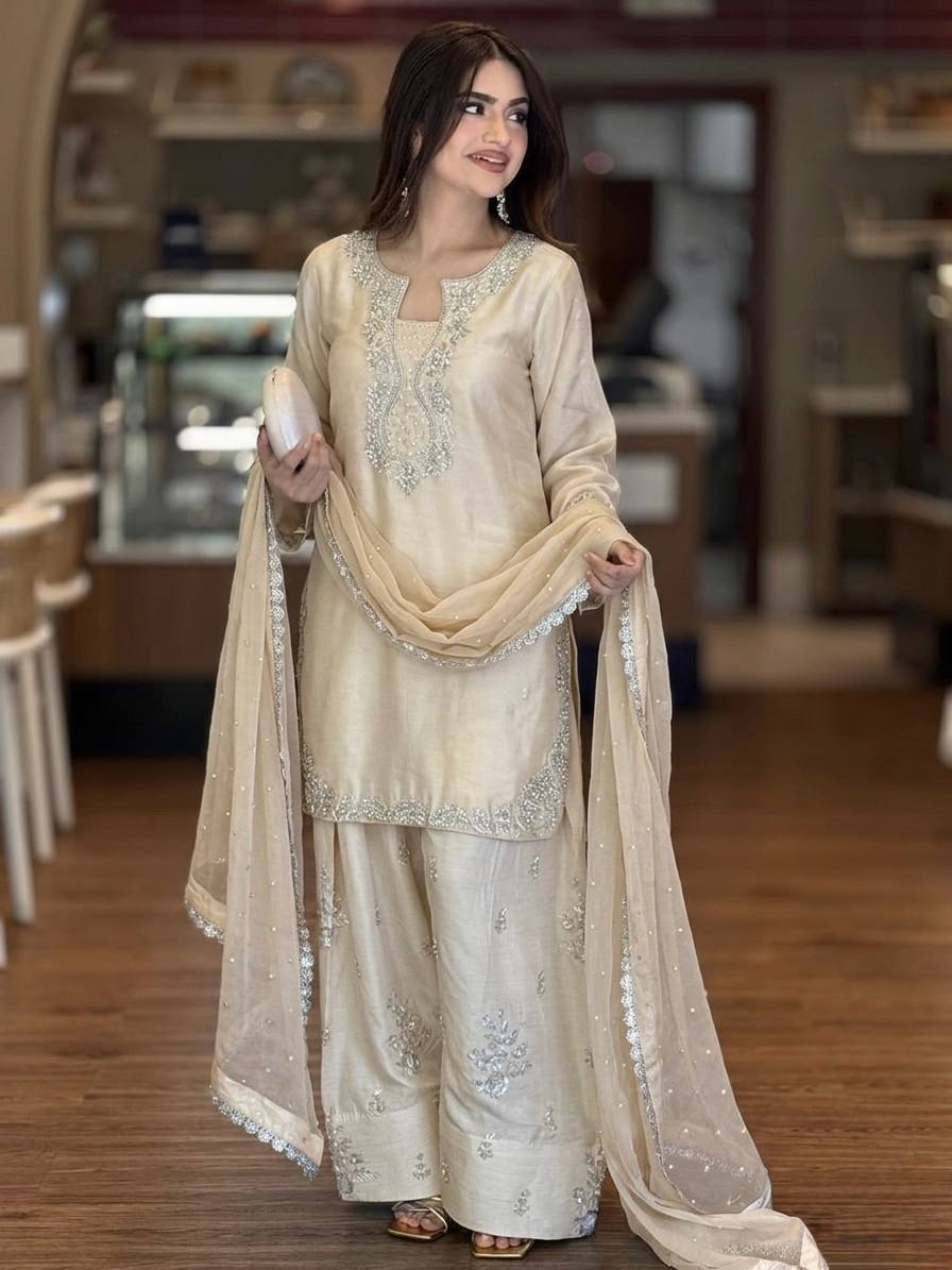 Premium Roman Glass Silk Embroidered Top with Farshi Palazzo & Organza Dupatta Set