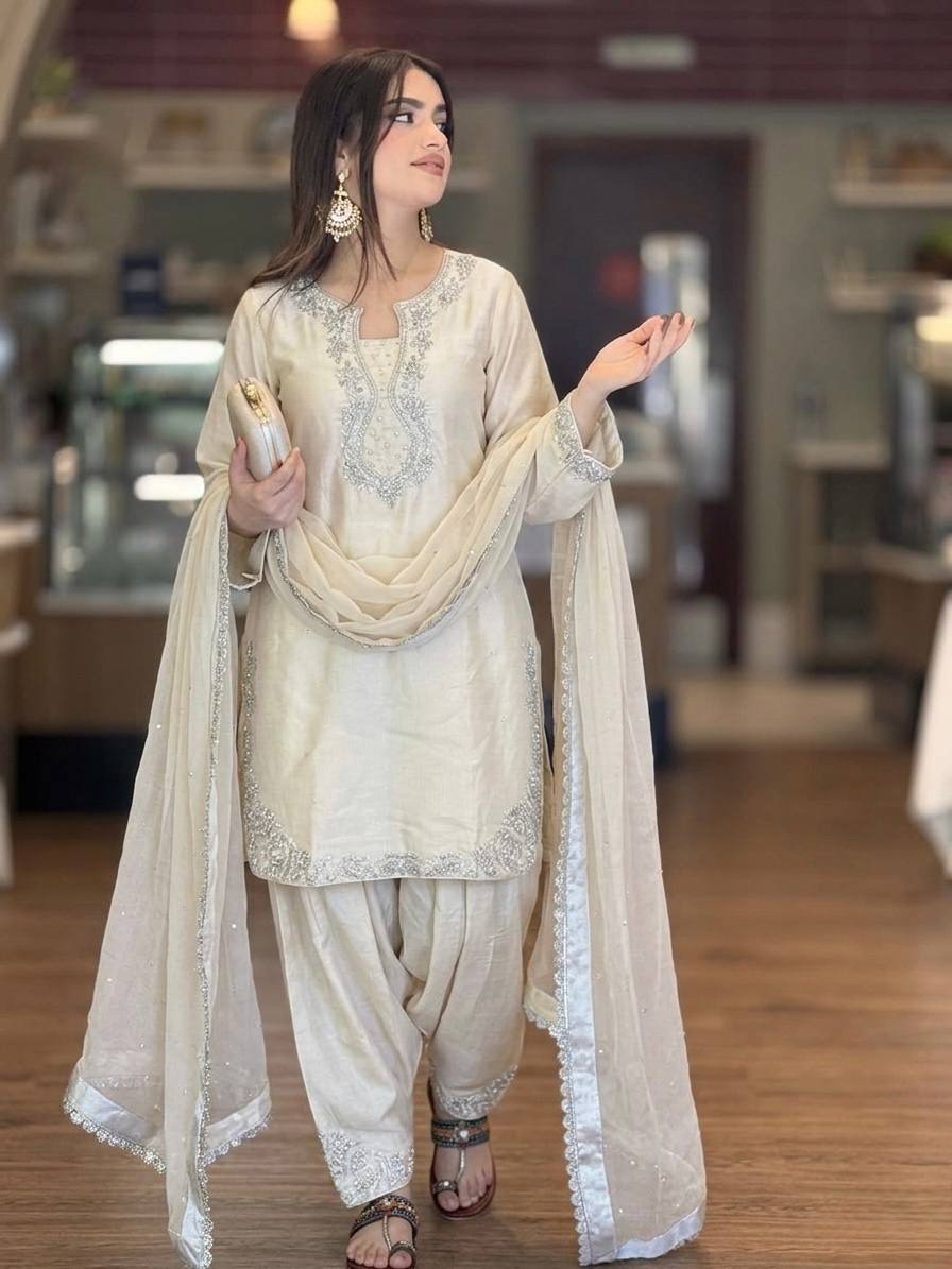 Premium Crunchy Silk Embroidered Kurta with Bell Bottom Pant & Dupatta Set