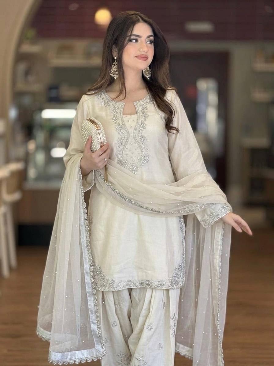 Premium Crunchy Silk Embroidered Kurta with Bell Bottom Pant & Dupatta Set