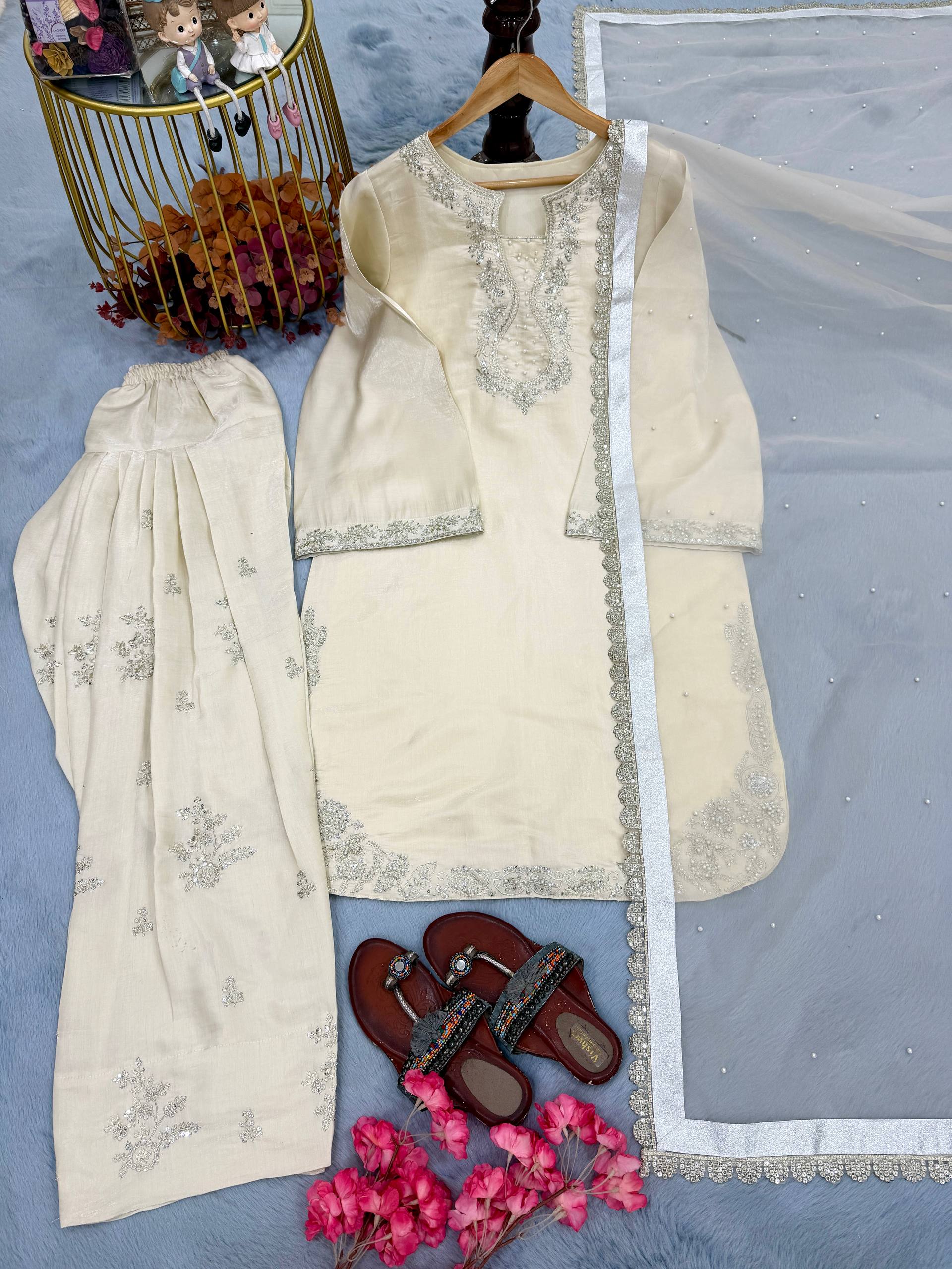 Premium Crunchy Silk Embroidered Kurta with Bell Bottom Pant & Dupatta Set