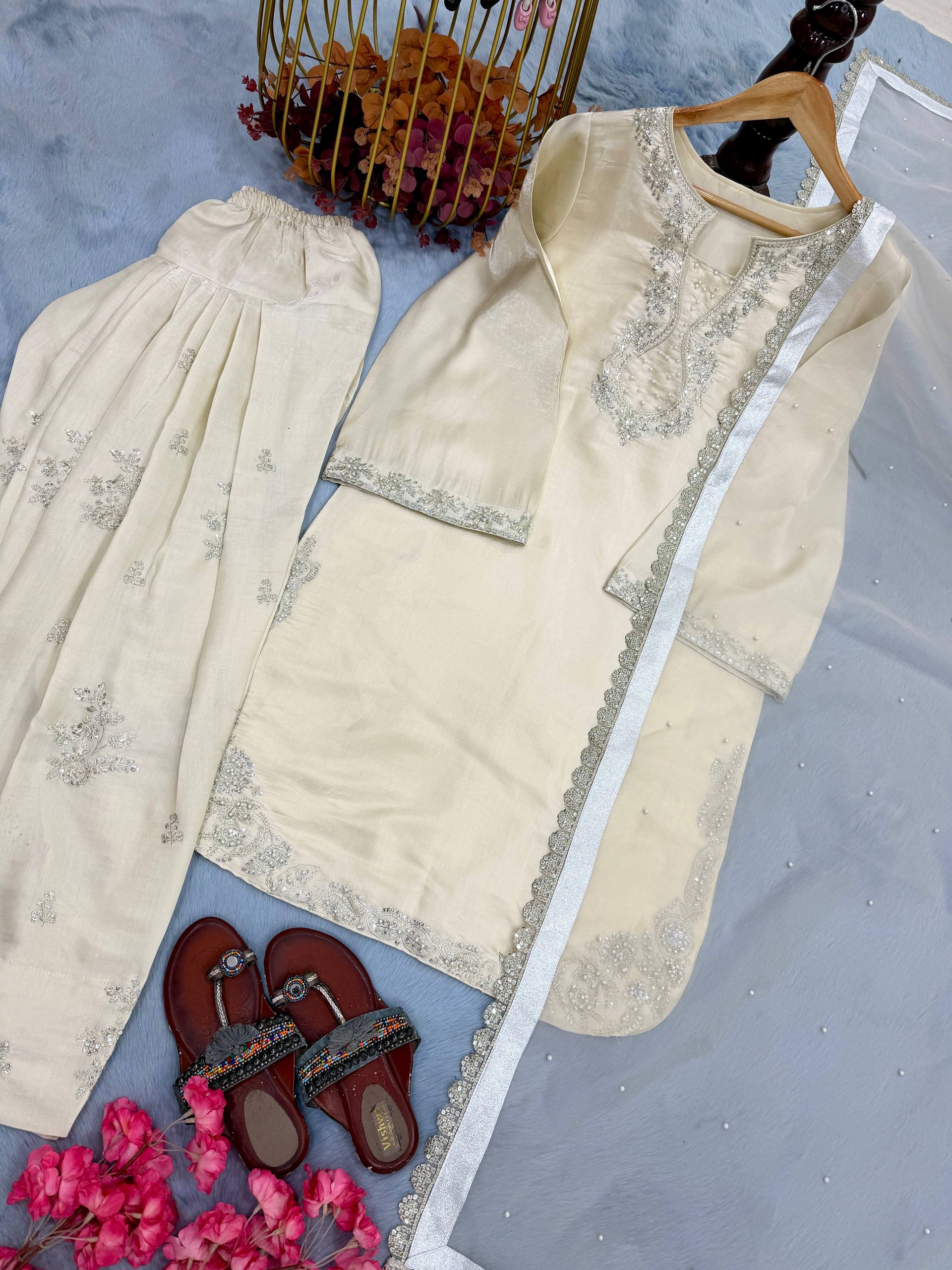 Premium Crunchy Silk Embroidered Kurta with Bell Bottom Pant & Dupatta Set