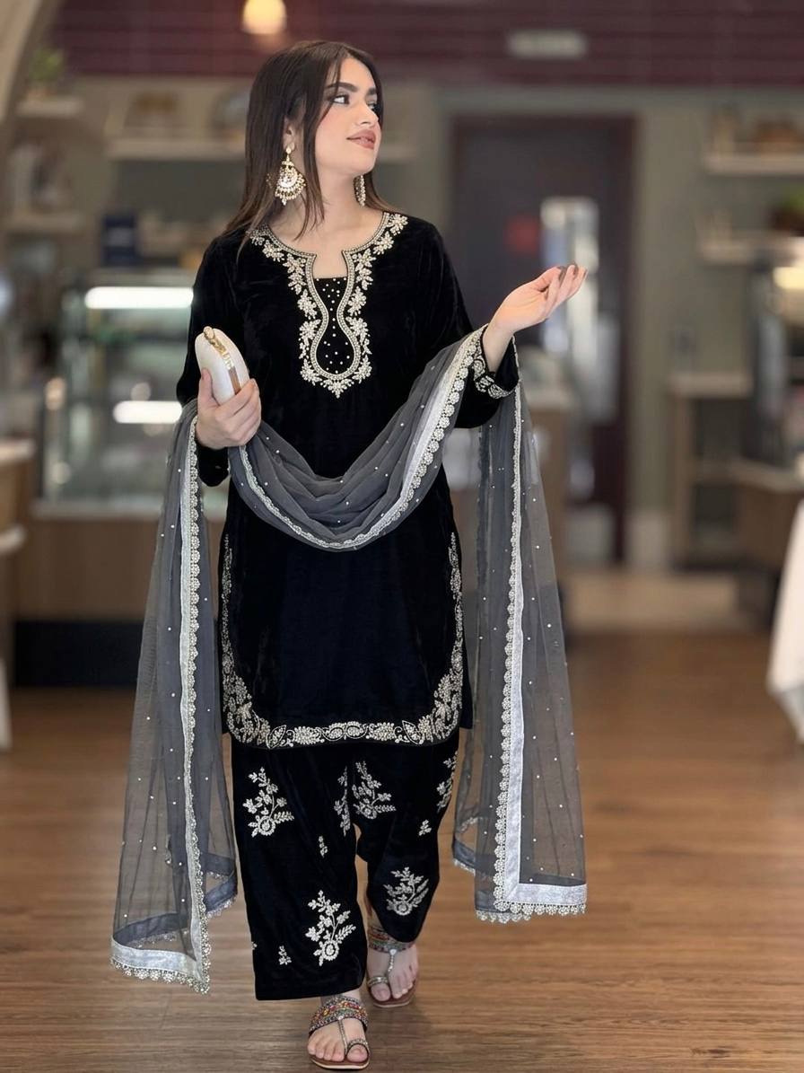 Premium Roman Glass Silk Embroidered Top with Farshi Palazzo & Organza Dupatta Set