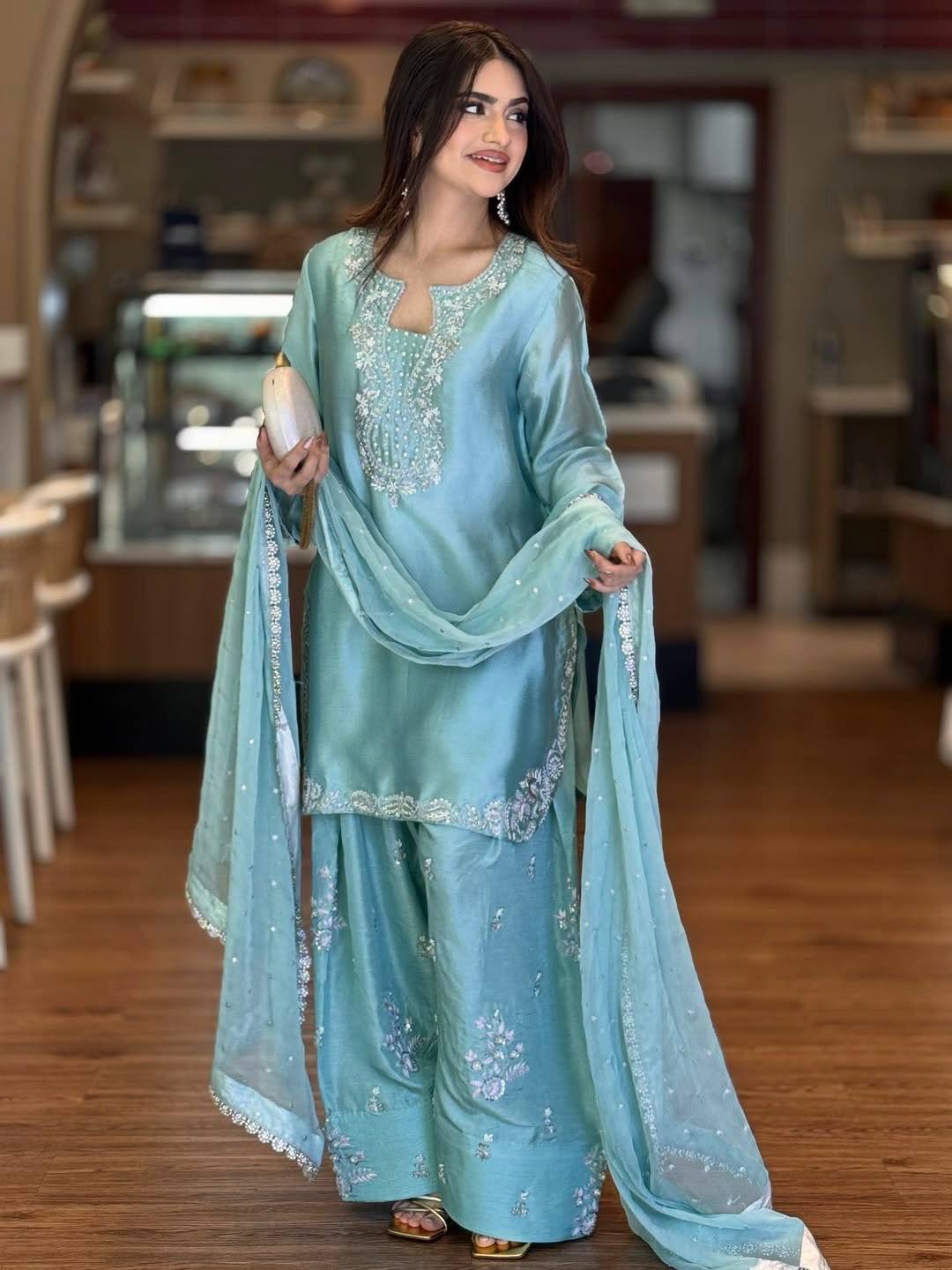 Premium Roman Glass Silk Embroidered Top with Farshi Palazzo & Organza Dupatta Set