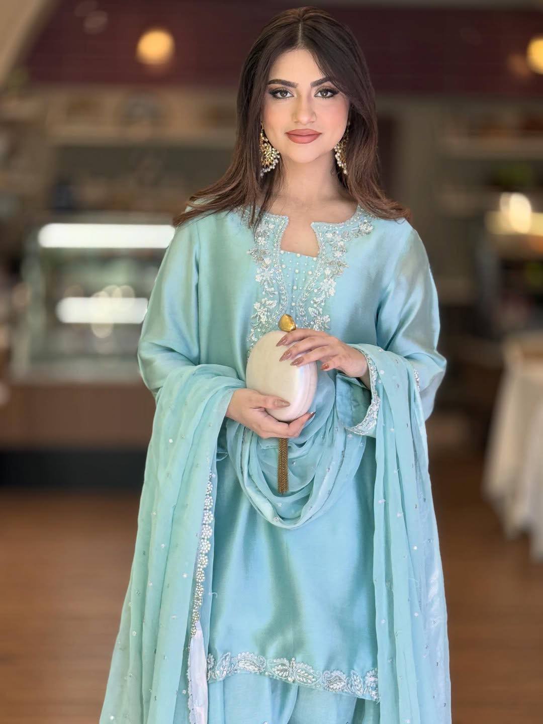 Premium Roman Glass Silk Embroidered Top with Farshi Palazzo & Organza Dupatta Set