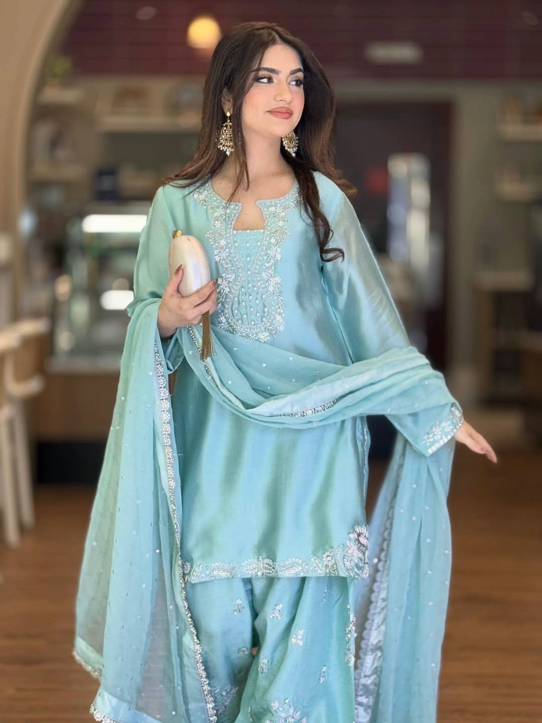Premium Roman Glass Silk Embroidered Top with Farshi Palazzo & Organza Dupatta Set