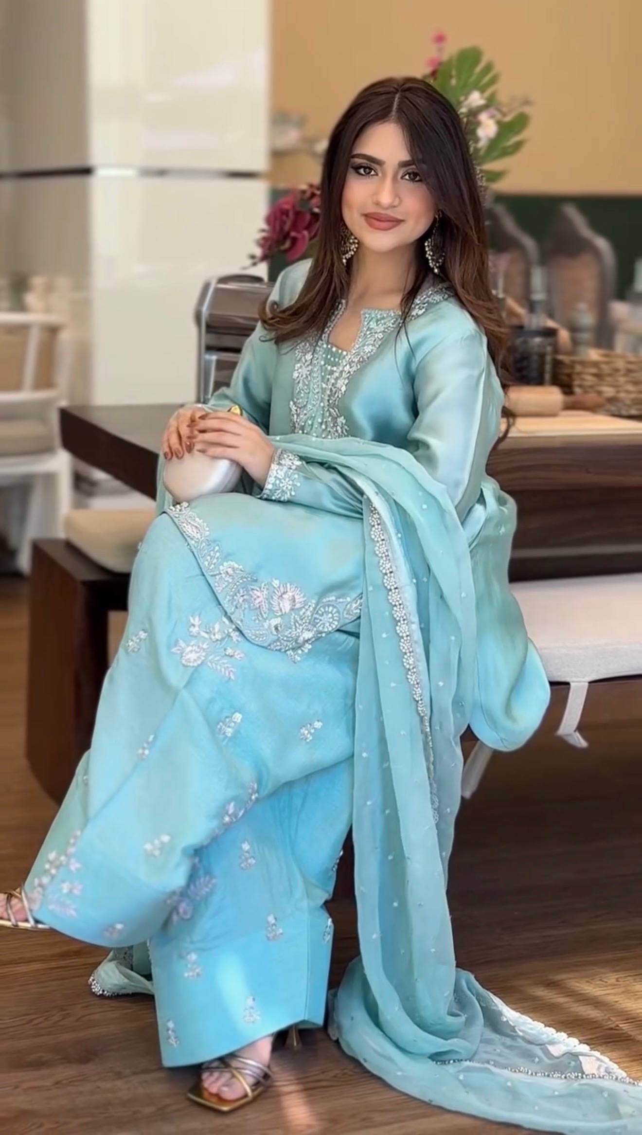 Premium Roman Glass Silk Embroidered Top with Farshi Palazzo & Organza Dupatta Set