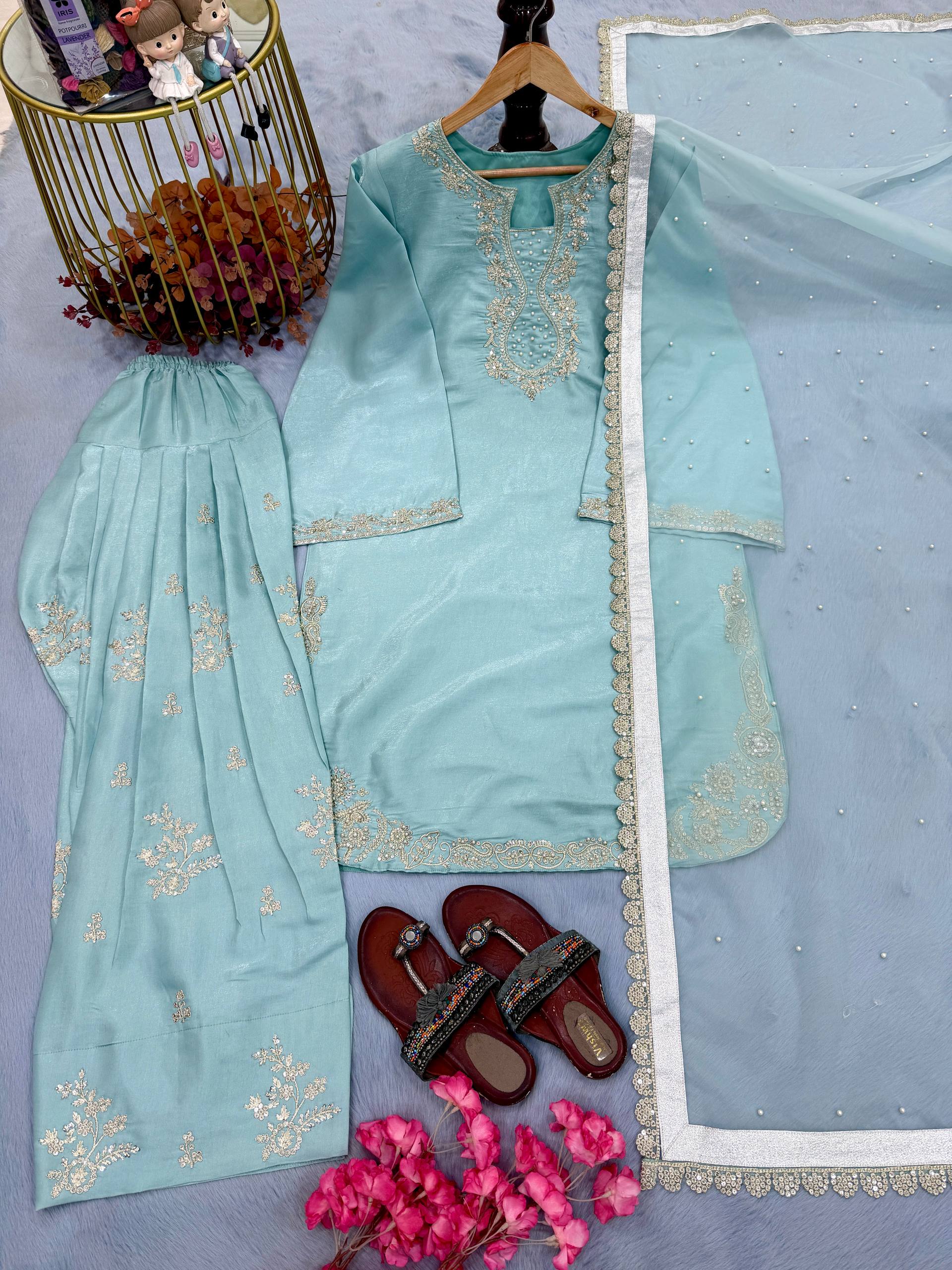 Premium Roman Glass Silk Embroidered Top with Farshi Palazzo & Organza Dupatta Set
