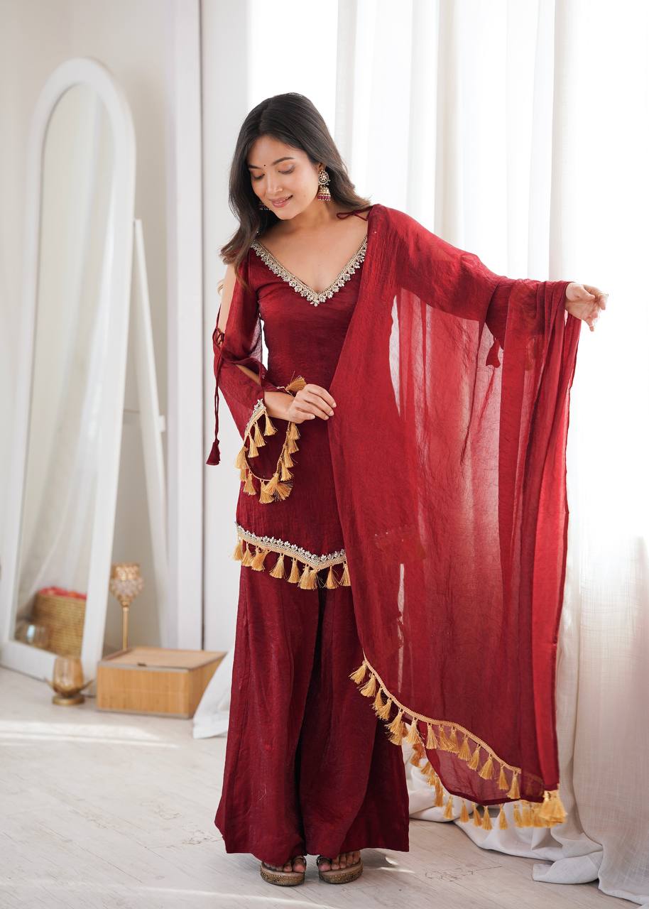 Designer 3 Piece Doremon Crush Palazzo Suit with Lace Border Dupatta