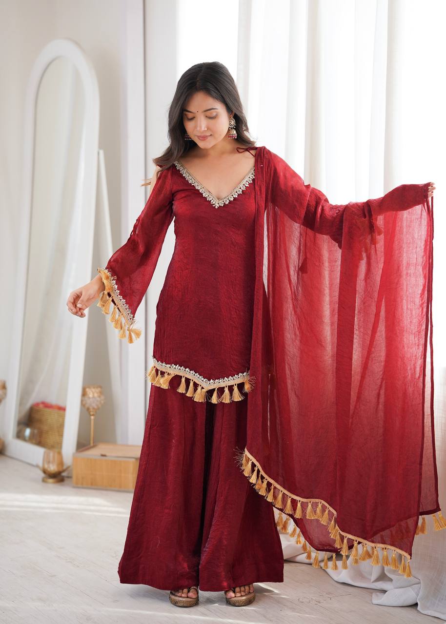 Designer 3 Piece Doremon Crush Palazzo Suit with Lace Border Dupatta