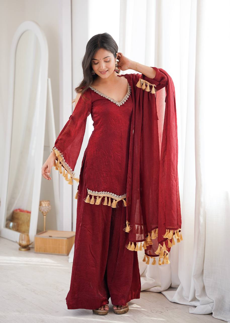 Designer 3 Piece Doremon Crush Palazzo Suit with Lace Border Dupatta