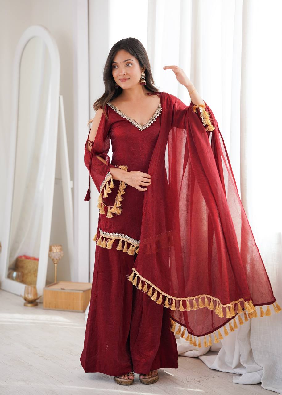 Designer 3 Piece Doremon Crush Palazzo Suit with Lace Border Dupatta