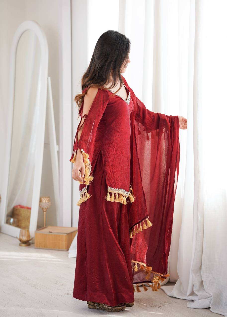 Designer 3 Piece Doremon Crush Palazzo Suit with Lace Border Dupatta