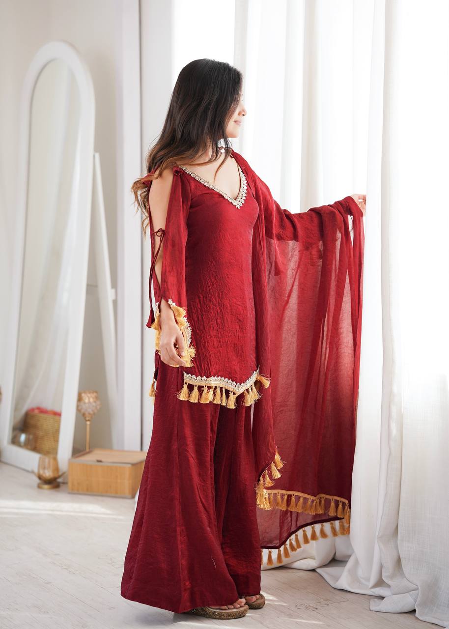 Designer 3 Piece Doremon Crush Palazzo Suit with Lace Border Dupatta