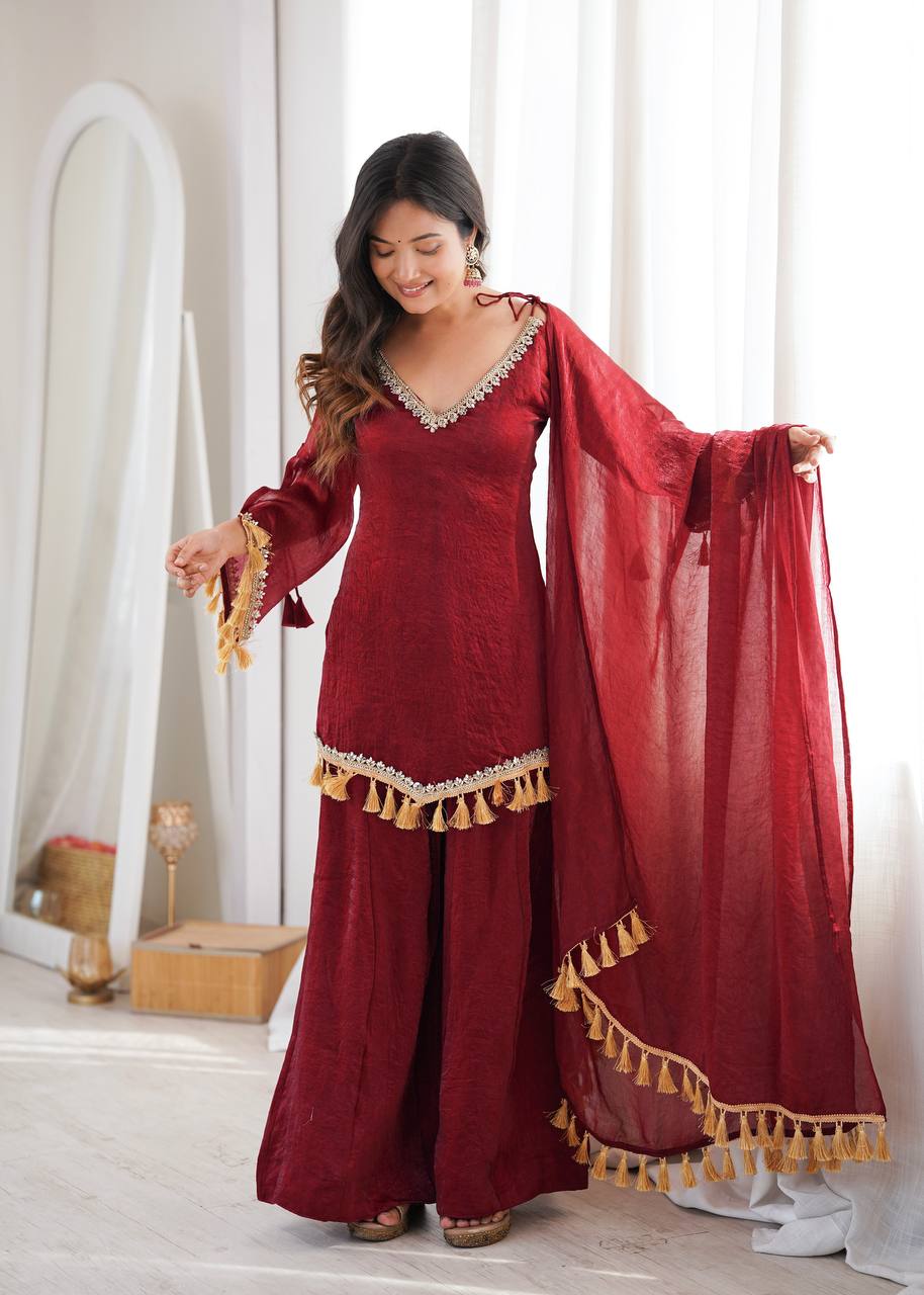 Designer 3 Piece Doremon Crush Palazzo Suit with Lace Border Dupatta