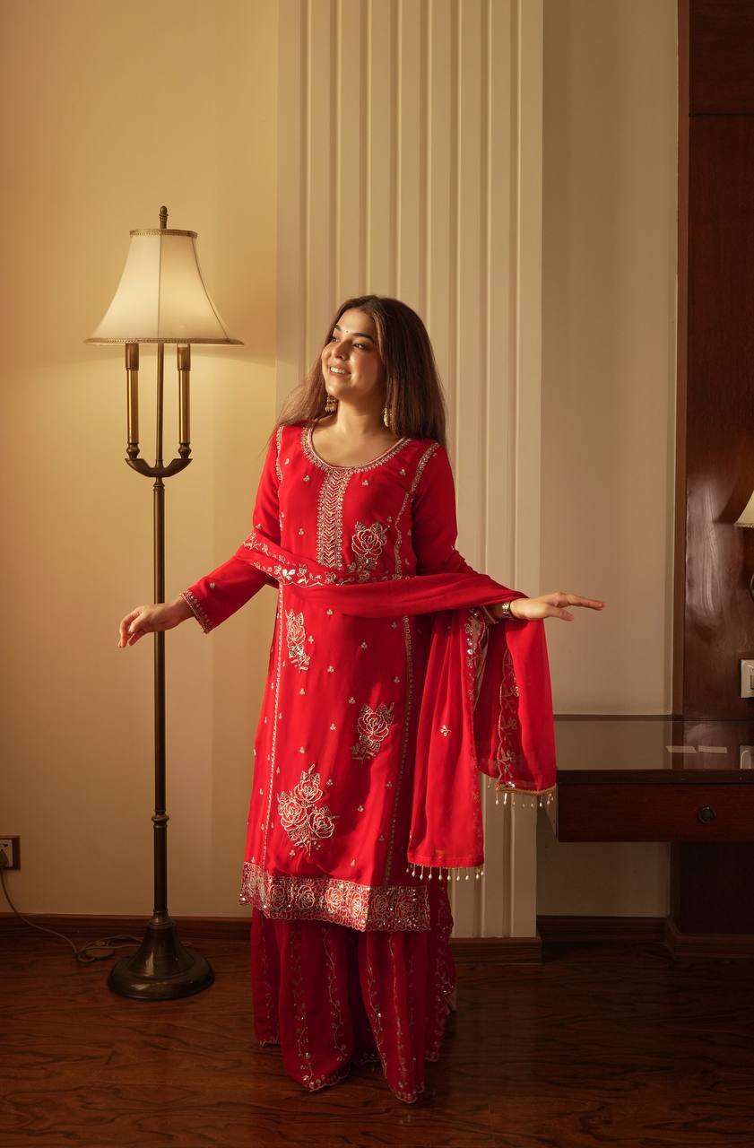 Elegant Faux Georgette Embroidered Kurti with Gharara & Dupatta Set