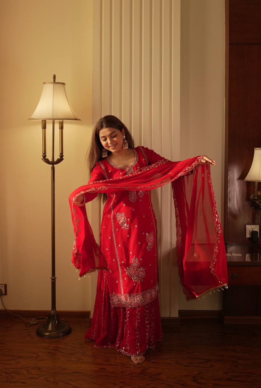 Elegant Faux Georgette Embroidered Kurti with Gharara & Dupatta Set