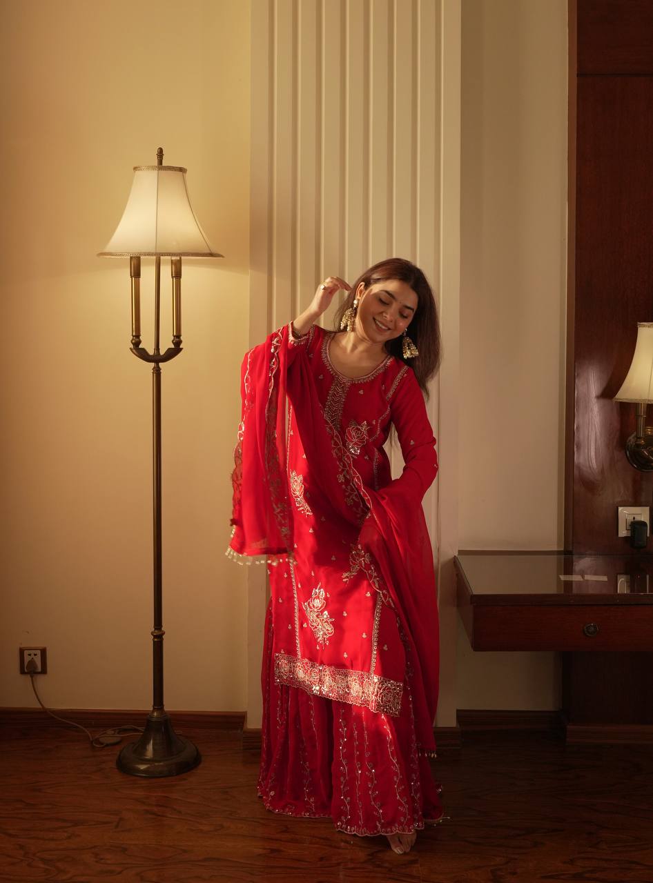 Elegant Faux Georgette Embroidered Kurti with Gharara & Dupatta Set