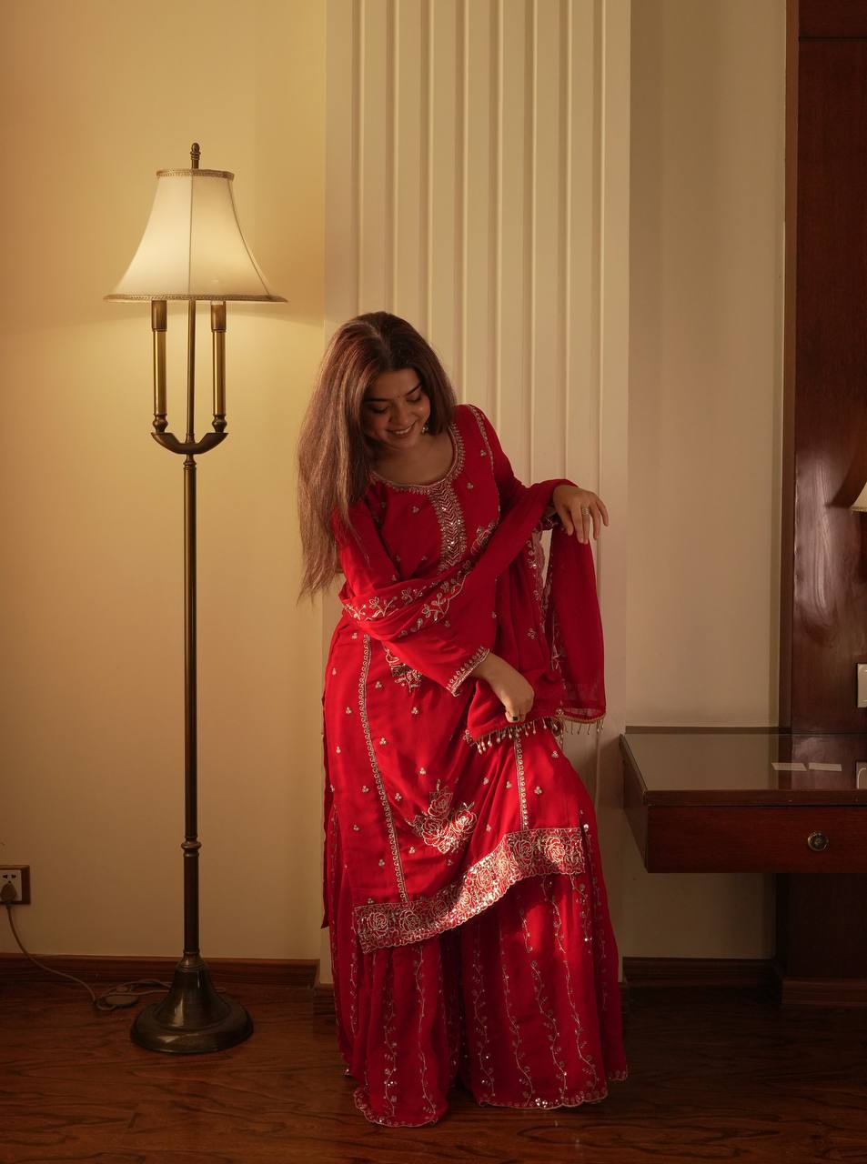 Elegant Faux Georgette Embroidered Kurti with Gharara & Dupatta Set
