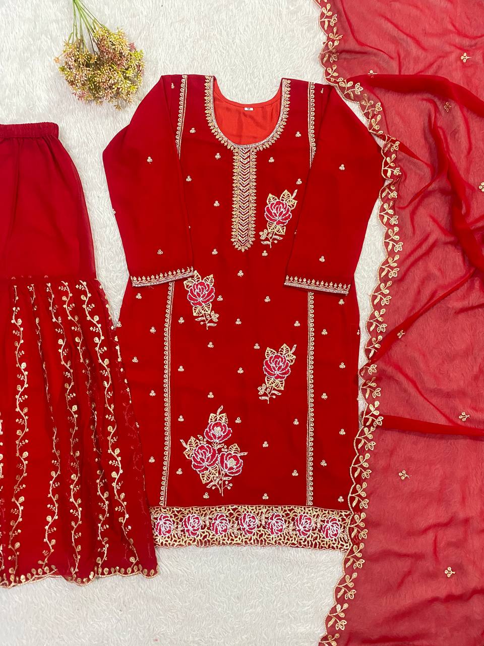 Elegant Faux Georgette Embroidered Kurti with Gharara & Dupatta Set