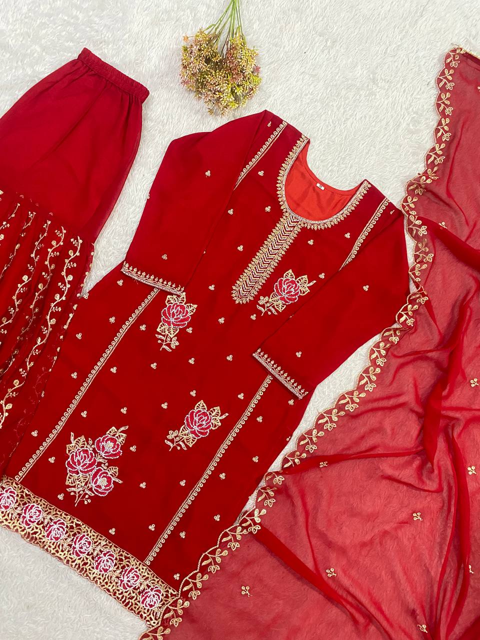 Elegant Faux Georgette Embroidered Kurti with Gharara & Dupatta Set
