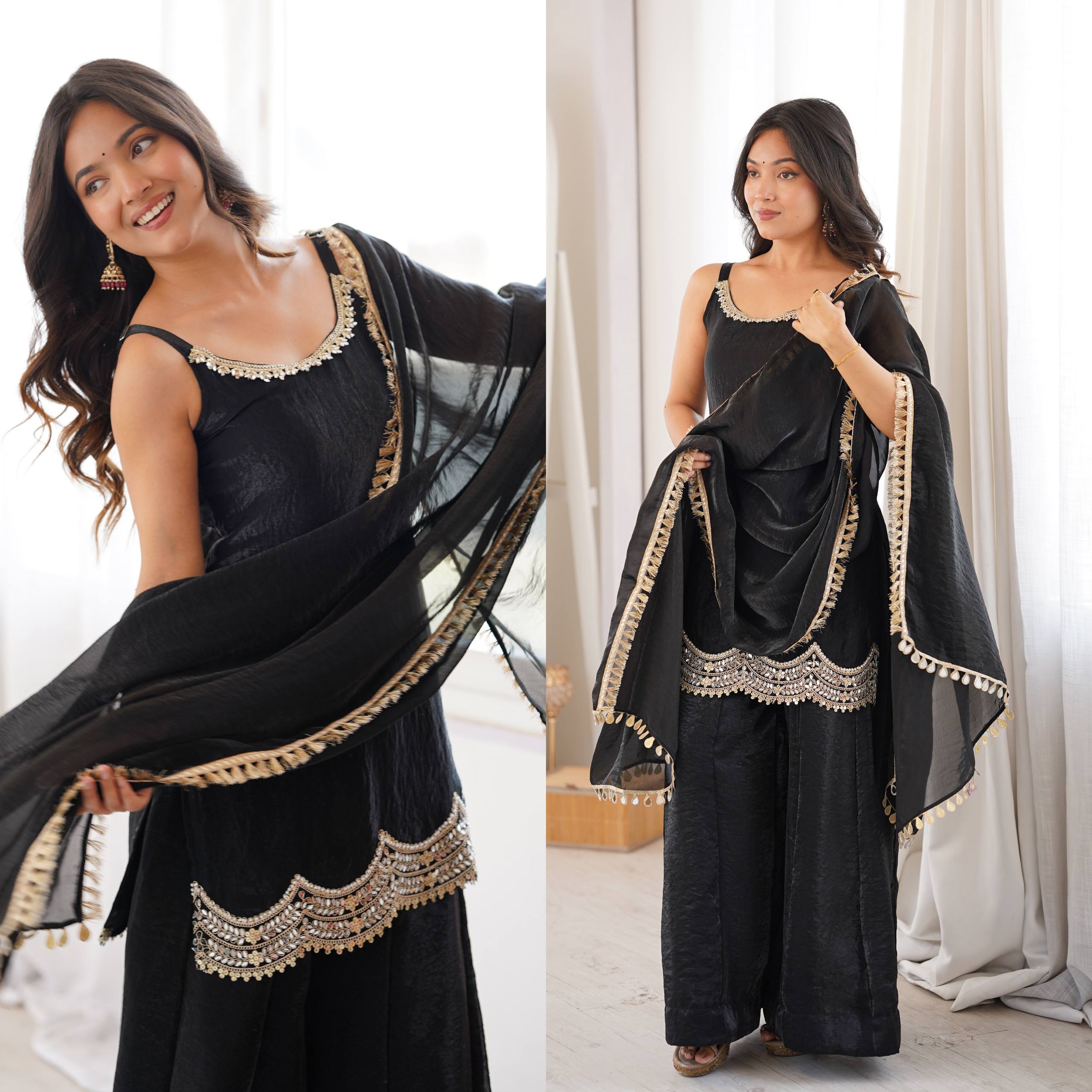 Fendy Silk Real Mirror Work Sharara Suit Set with Dupatta