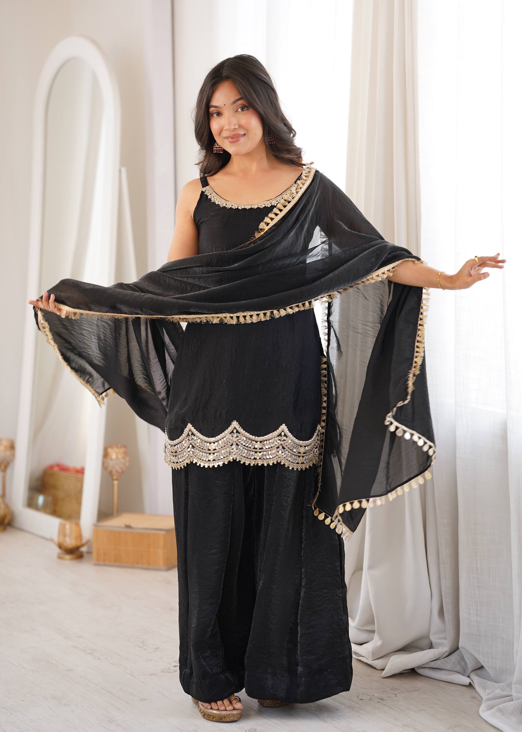 Fendy Silk Real Mirror Work Sharara Suit Set with Dupatta