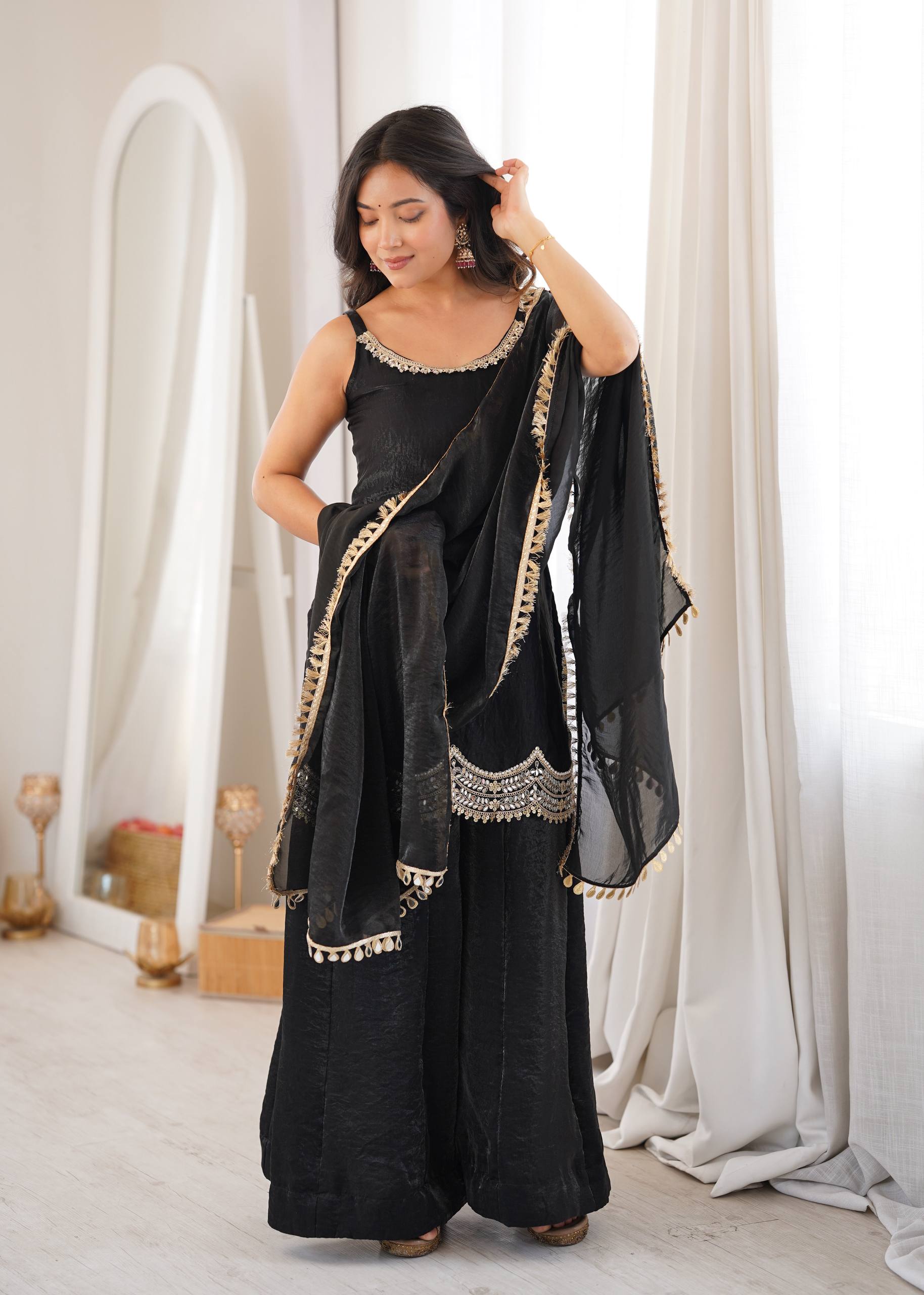 Fendy Silk Real Mirror Work Sharara Suit Set with Dupatta