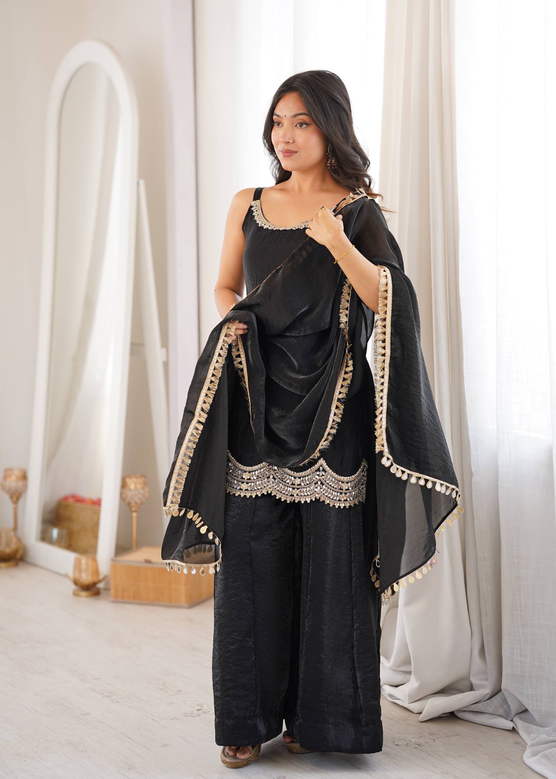 Fendy Silk Real Mirror Work Sharara Suit Set with Dupatta