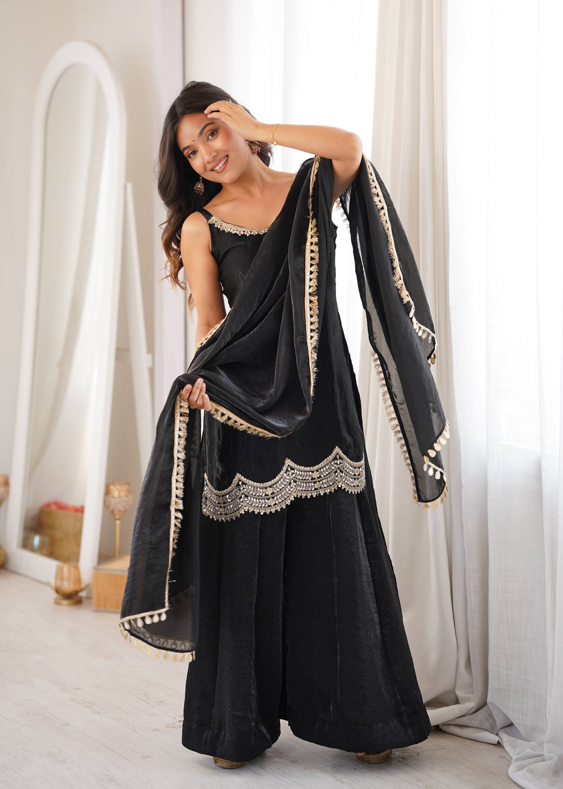 Fendy Silk Real Mirror Work Sharara Suit Set with Dupatta