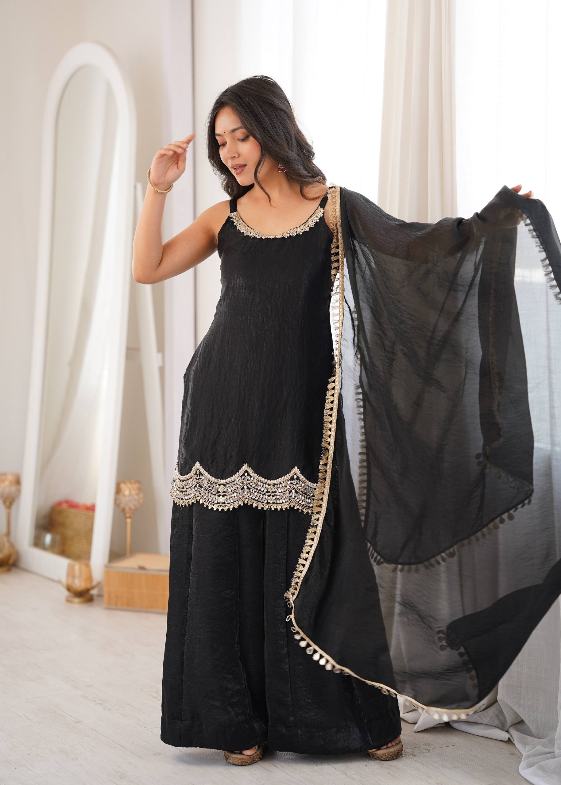 Fendy Silk Real Mirror Work Sharara Suit Set with Dupatta