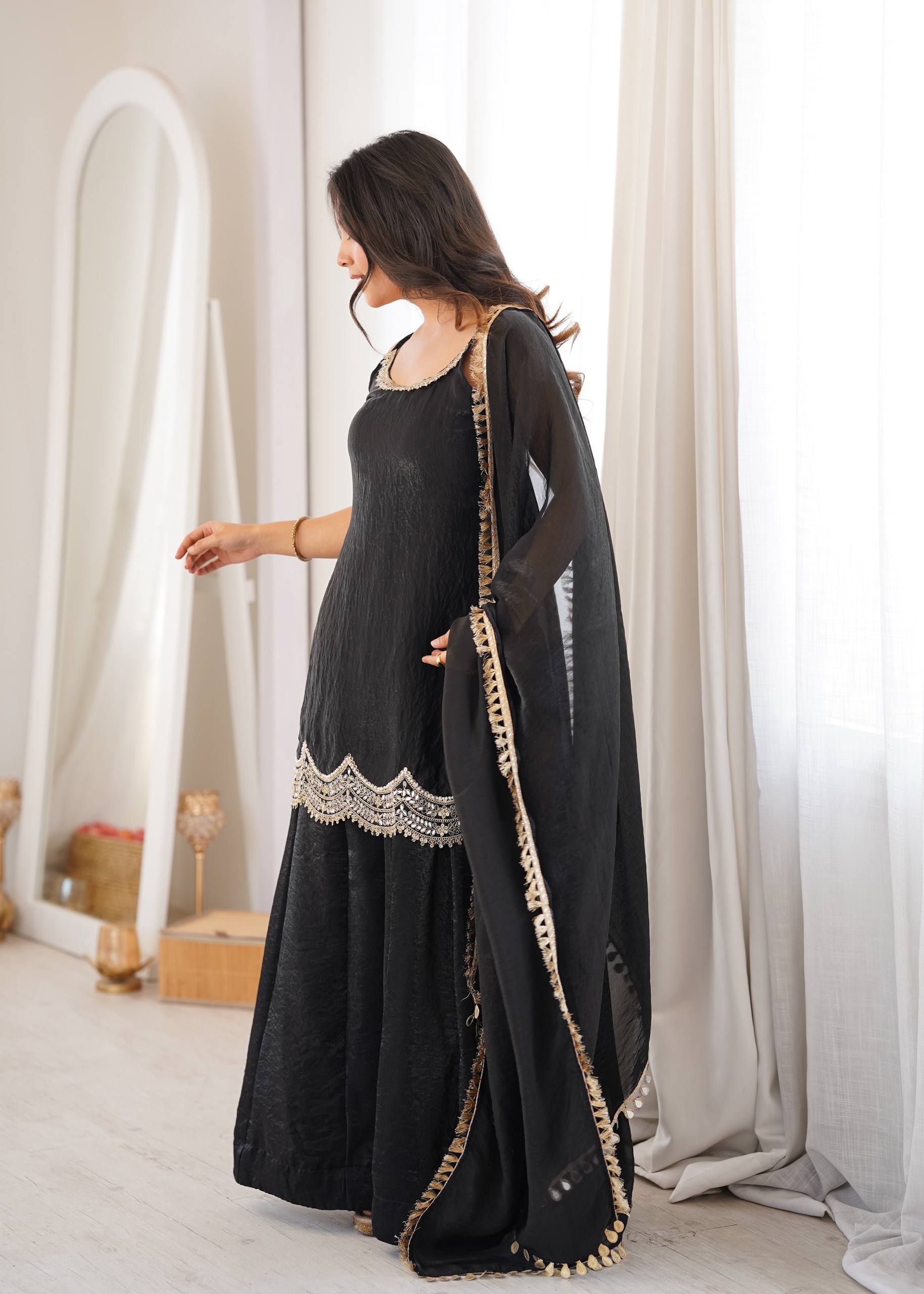 Fendy Silk Real Mirror Work Sharara Suit Set with Dupatta