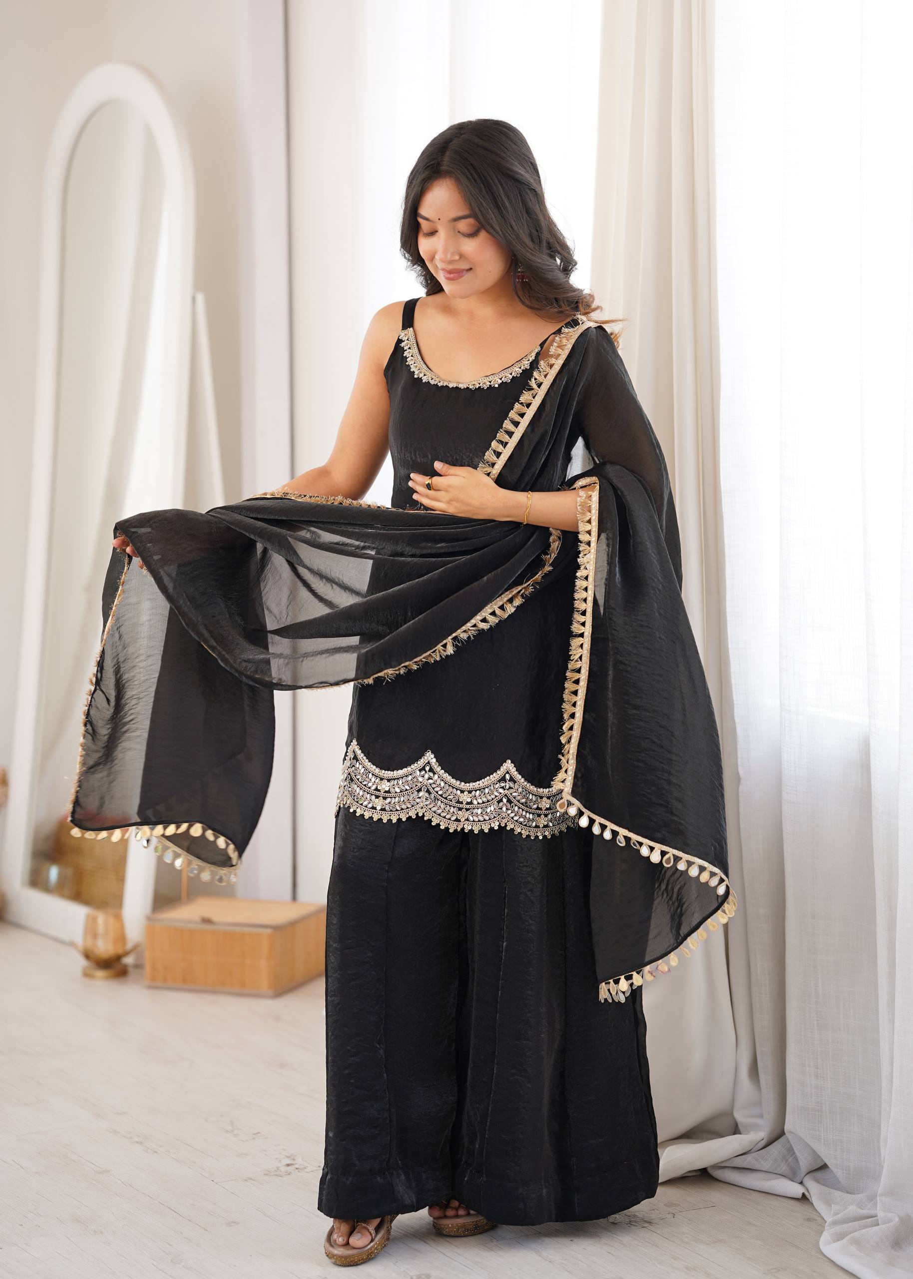 Fendy Silk Real Mirror Work Sharara Suit Set with Dupatta