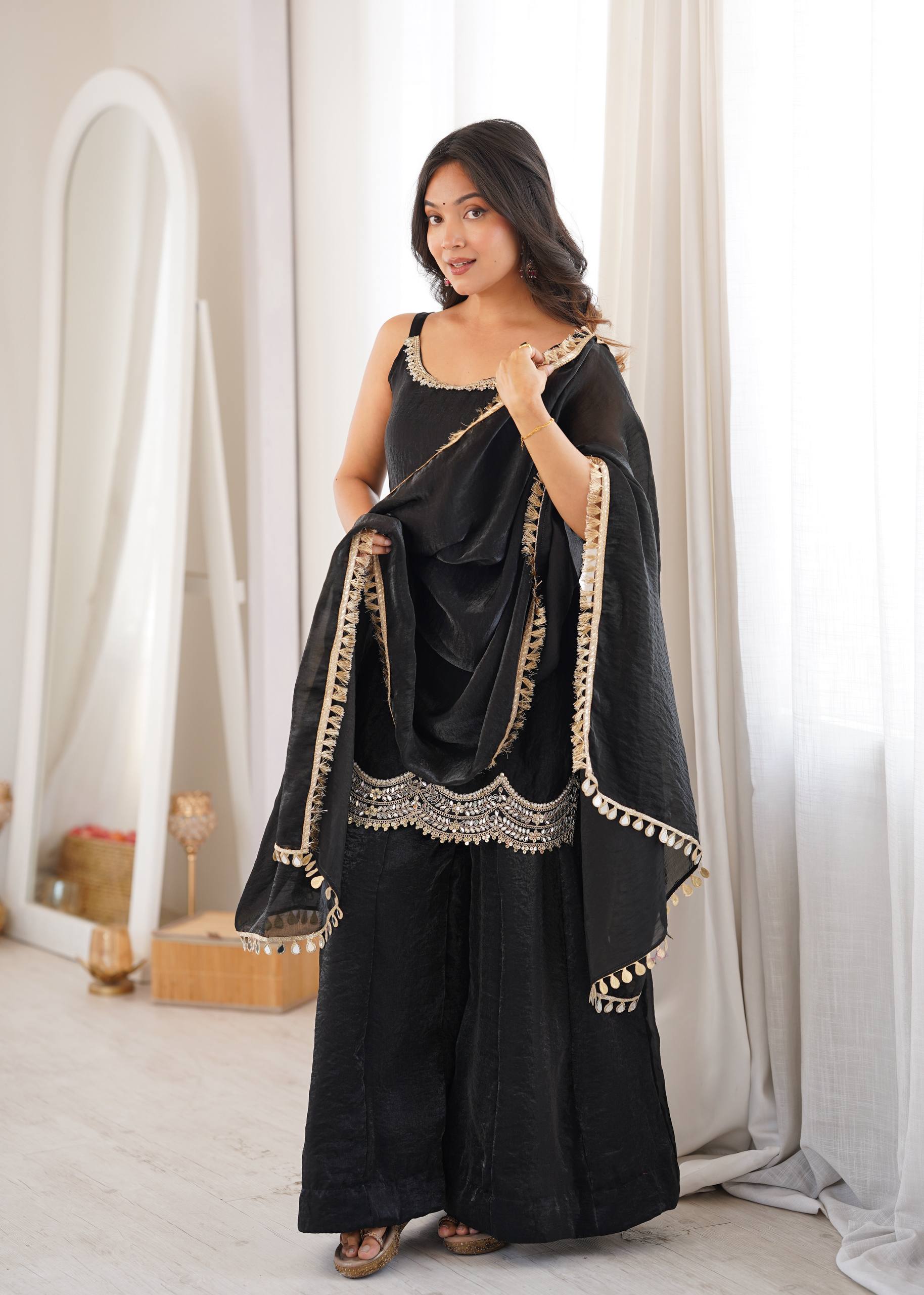 Fendy Silk Real Mirror Work Sharara Suit Set with Dupatta