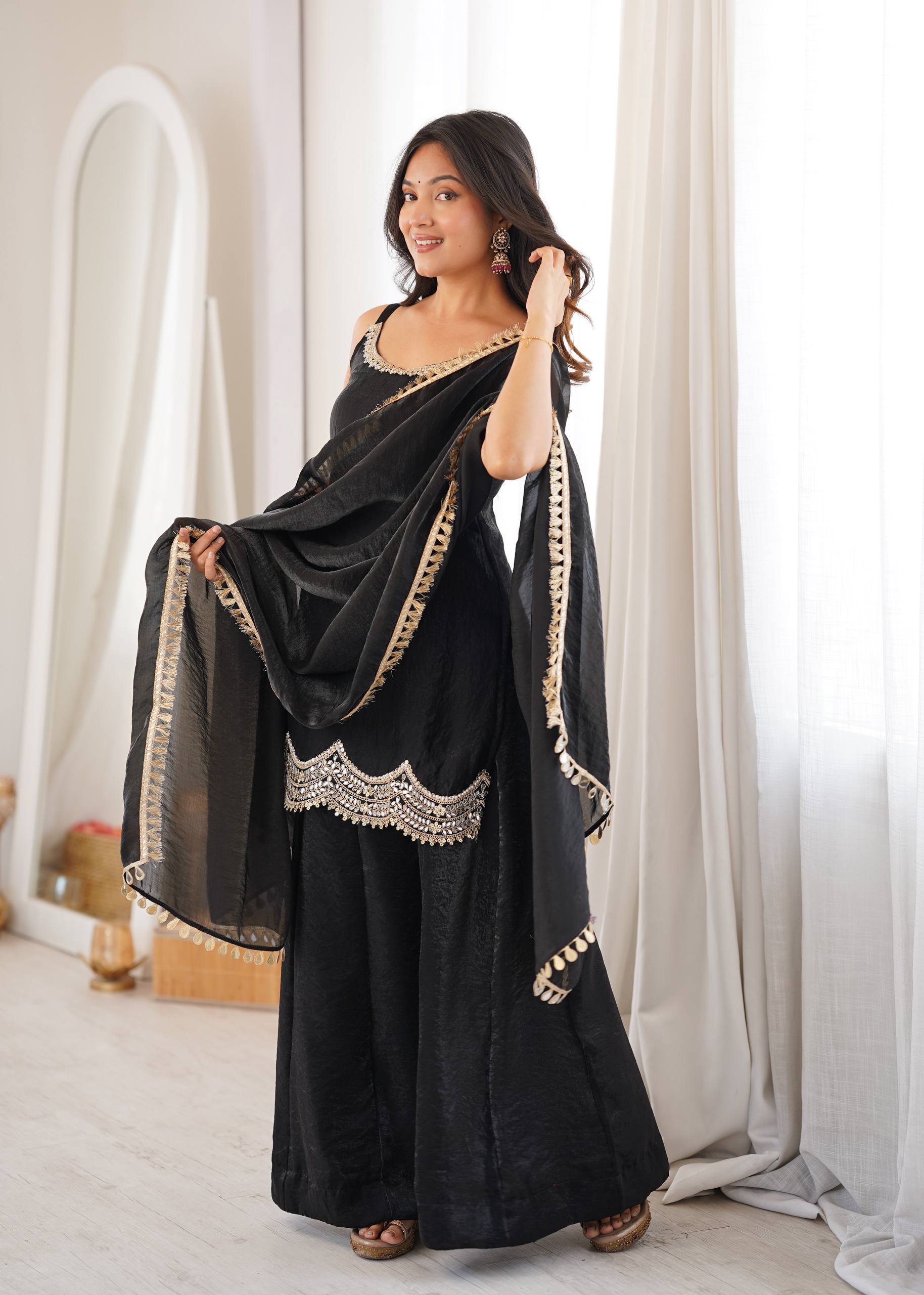 Fendy Silk Real Mirror Work Sharara Suit Set with Dupatta