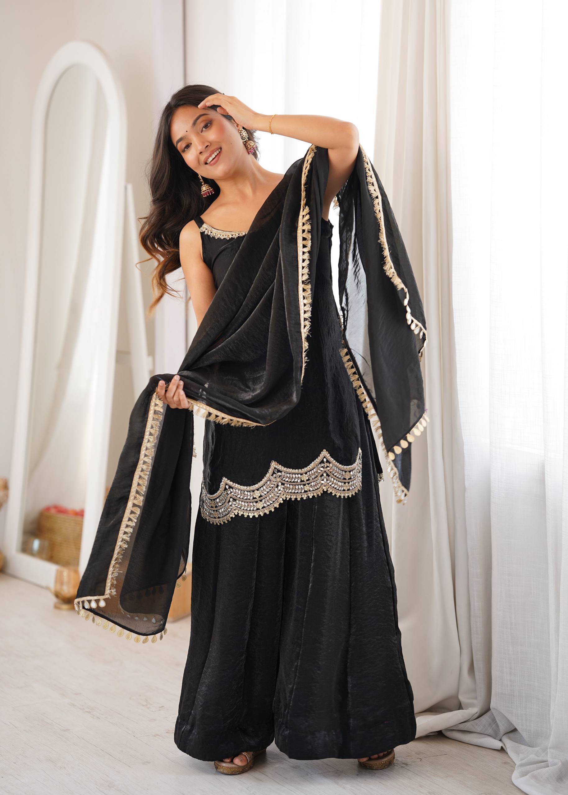 Fendy Silk Real Mirror Work Sharara Suit Set with Dupatta
