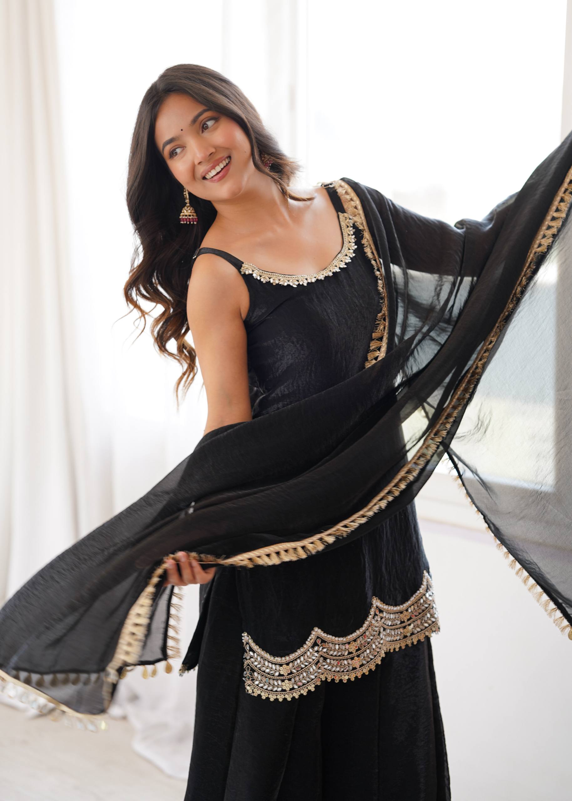 Fendy Silk Real Mirror Work Sharara Suit Set with Dupatta