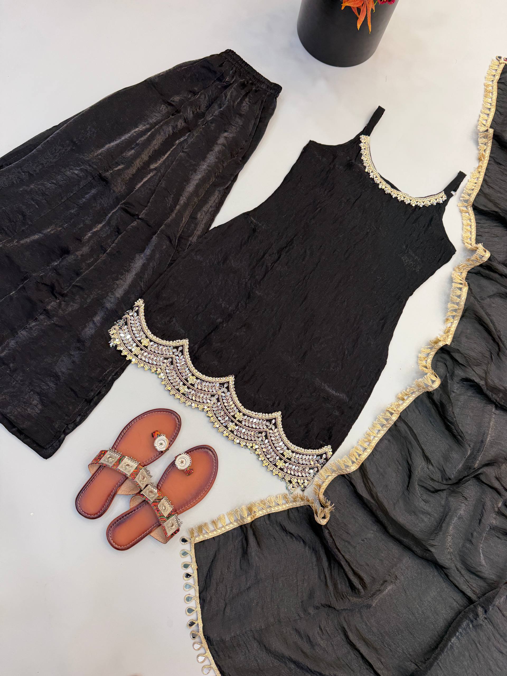 Fendy Silk Real Mirror Work Sharara Suit Set with Dupatta