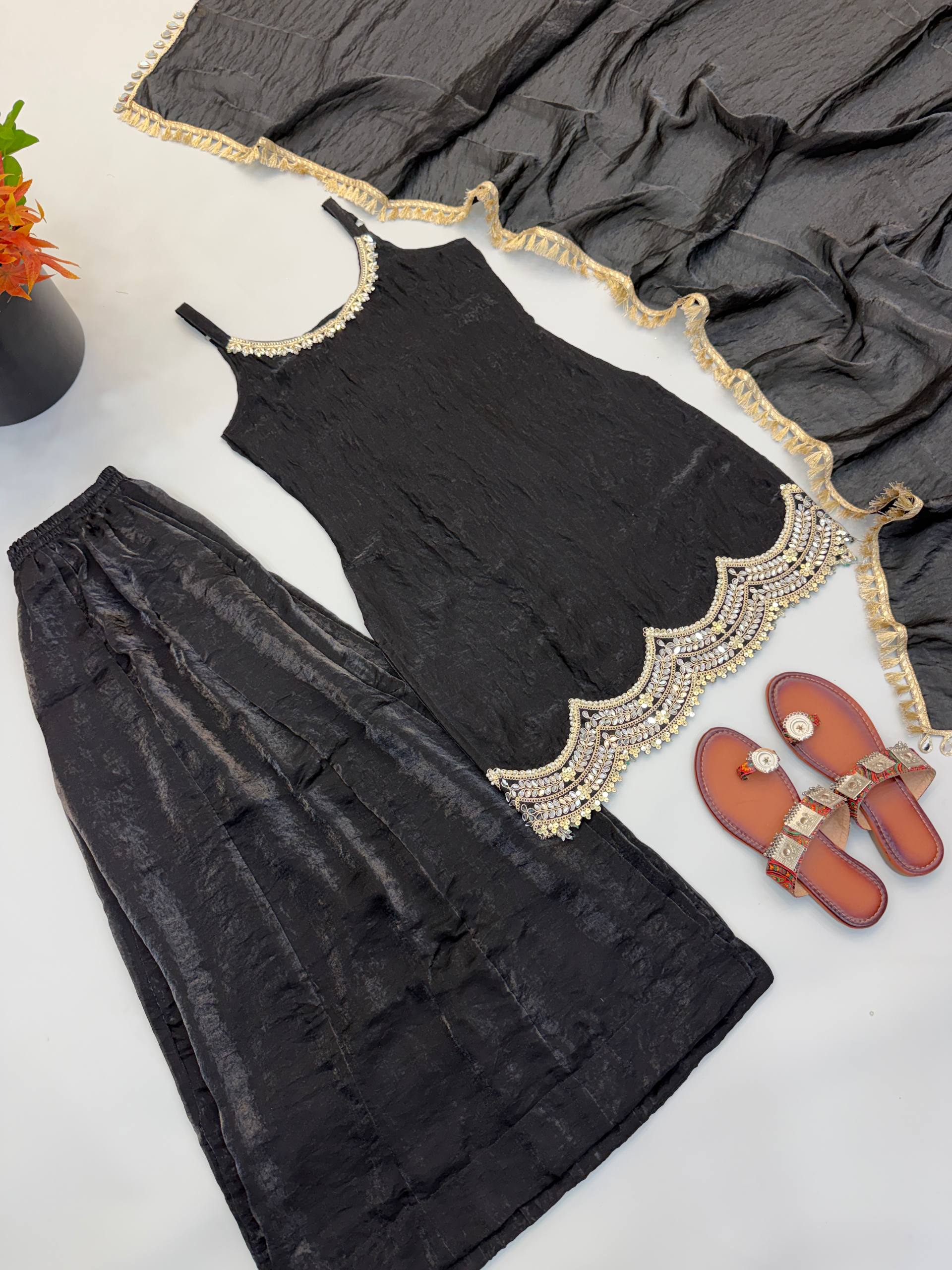Fendy Silk Real Mirror Work Sharara Suit Set with Dupatta