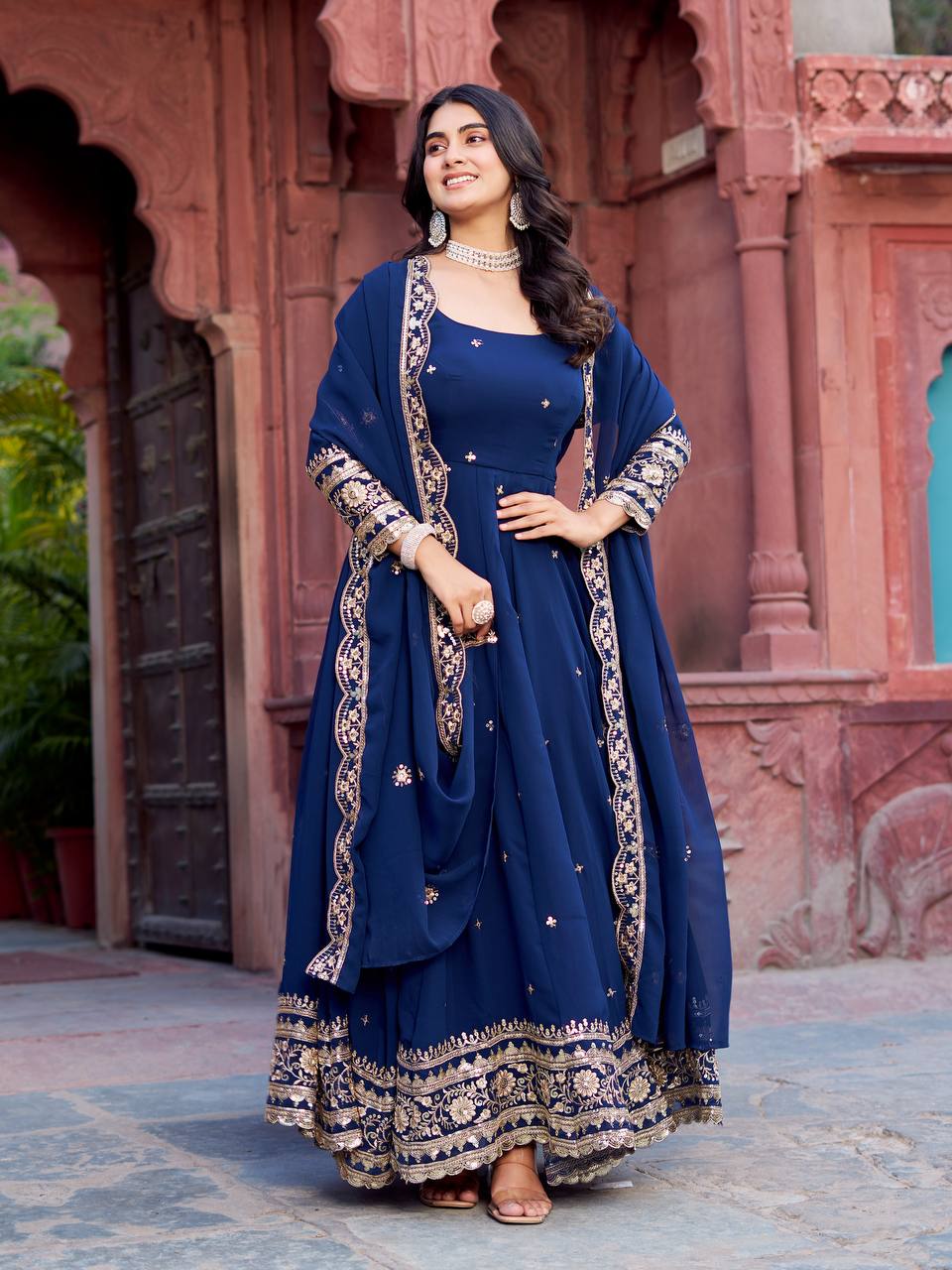 Faux Georgette Sequence Work Gown Set for Women