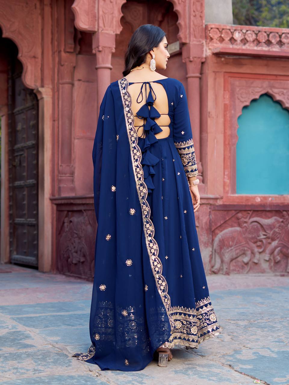 Faux Georgette Sequence Work Gown Set for Women