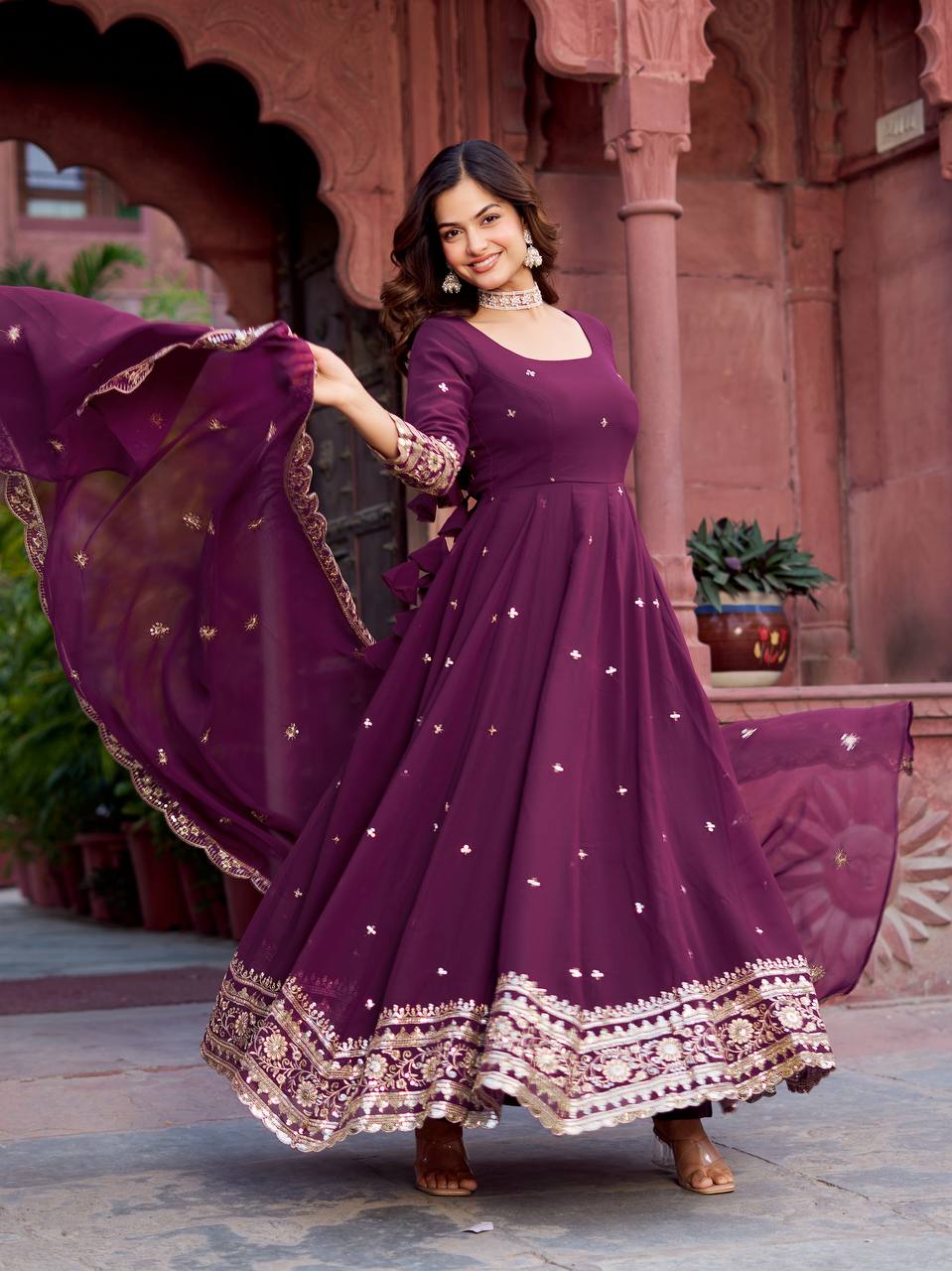 Faux Georgette Sequence Work Gown Set for Women