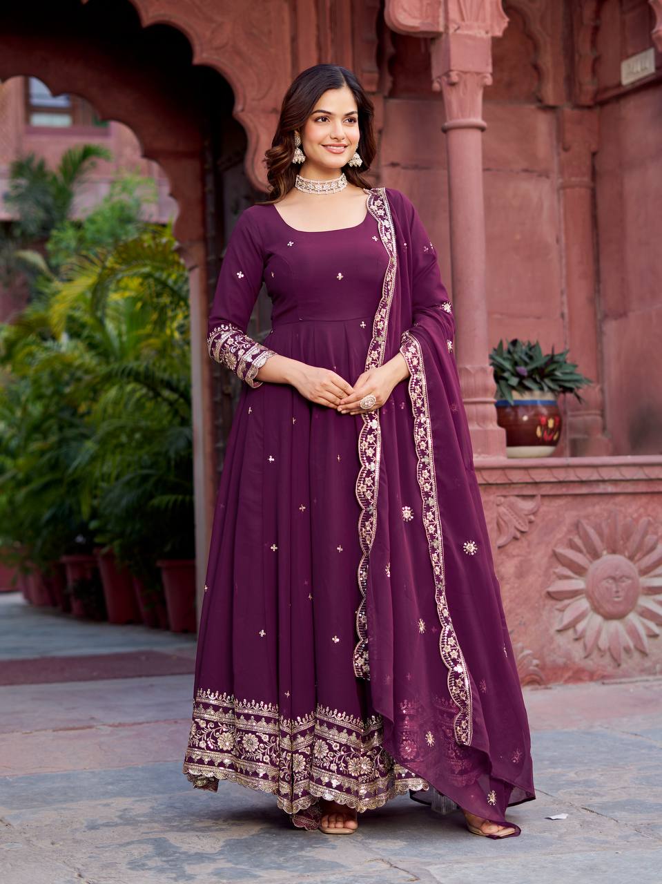 Faux Georgette Sequence Work Gown Set for Women