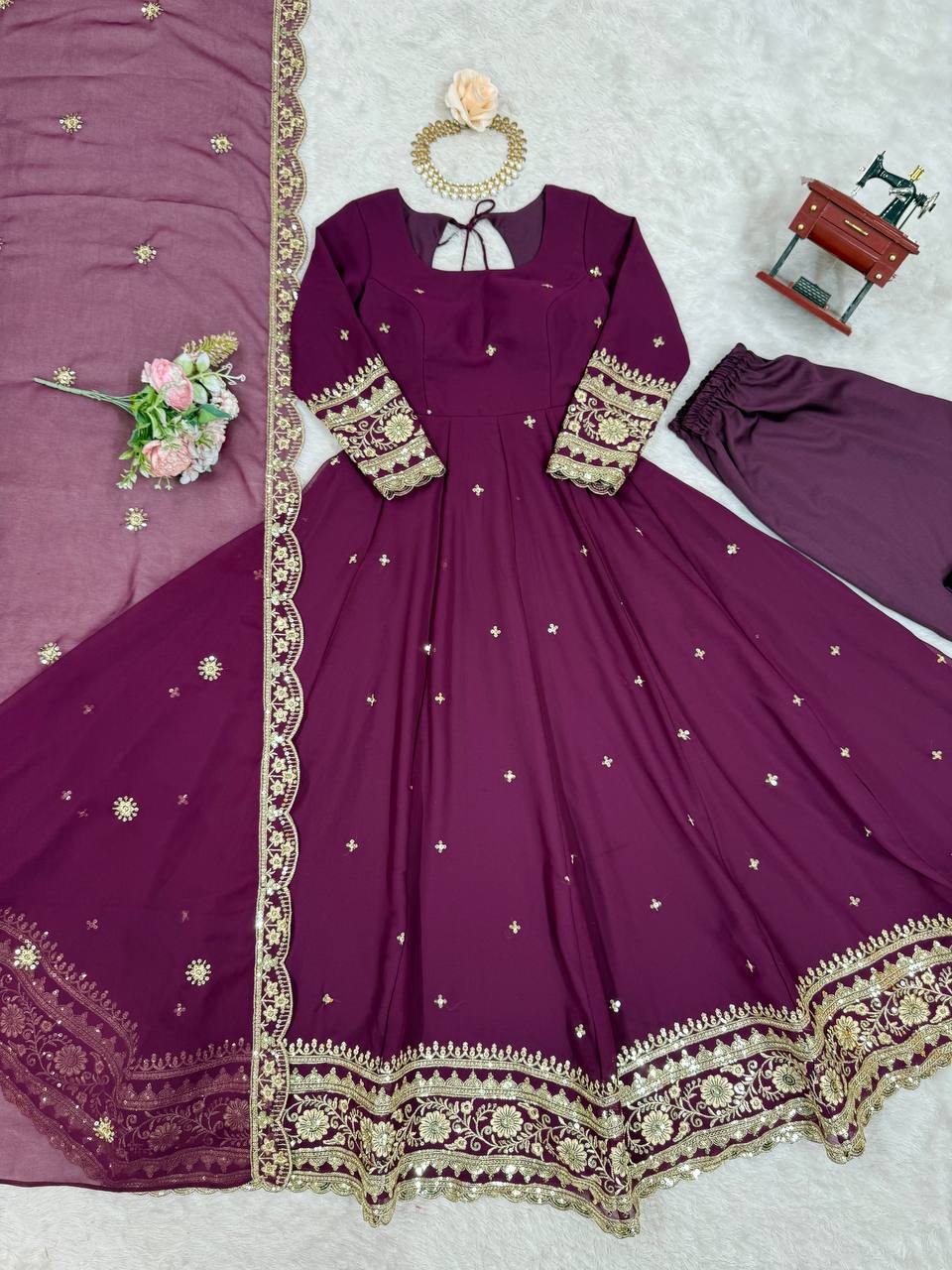 Faux Georgette Sequence Work Gown Set for Women