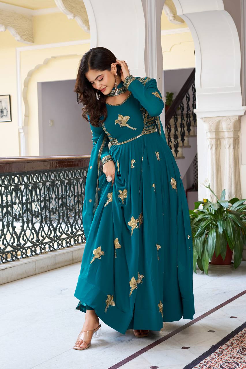 Faux Georgette Sequins Work Gown Set