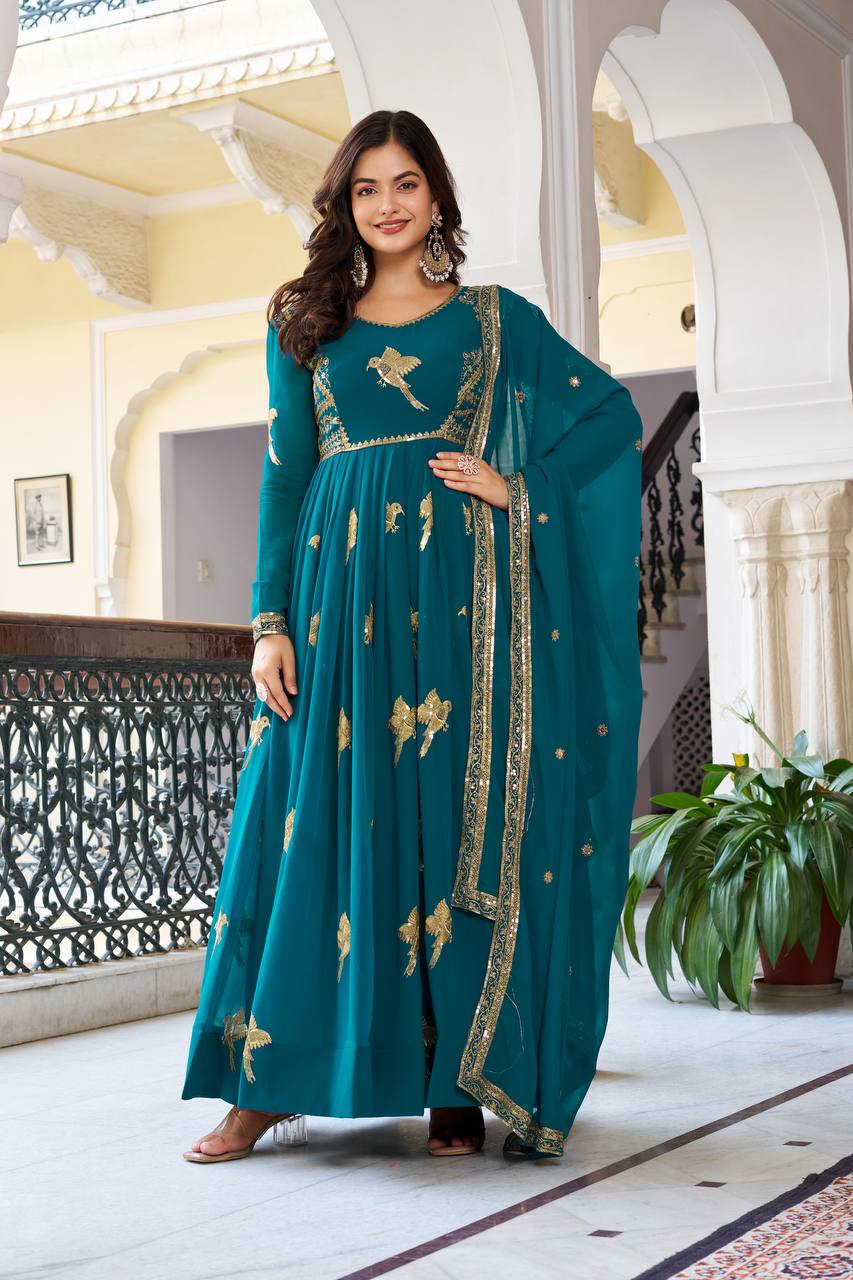 Faux Georgette Sequins Work Gown Set