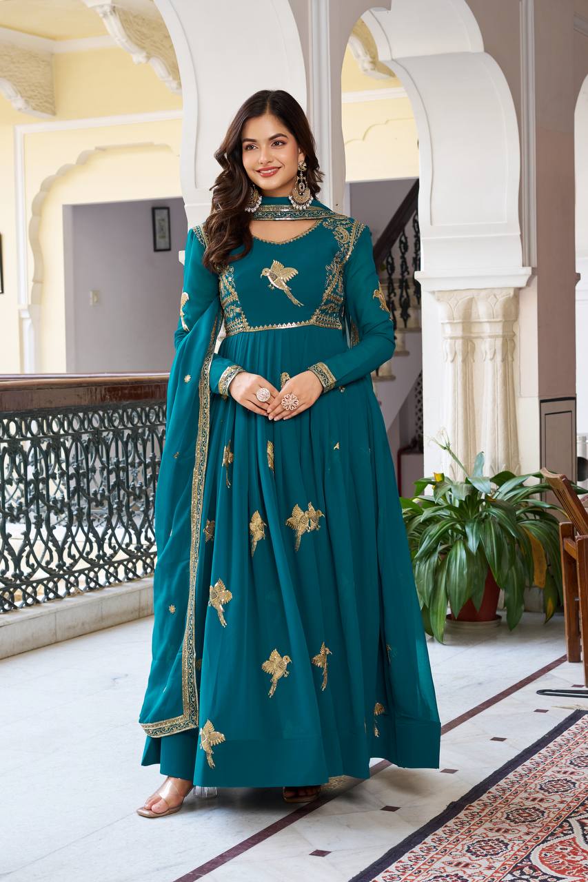 Faux Georgette Sequins Work Gown Set