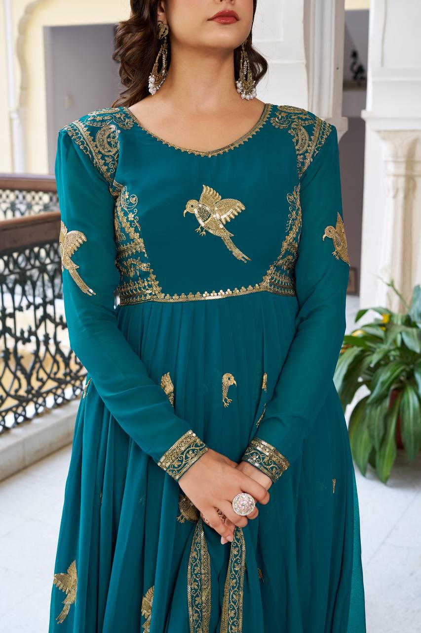 Faux Georgette Sequins Work Gown Set